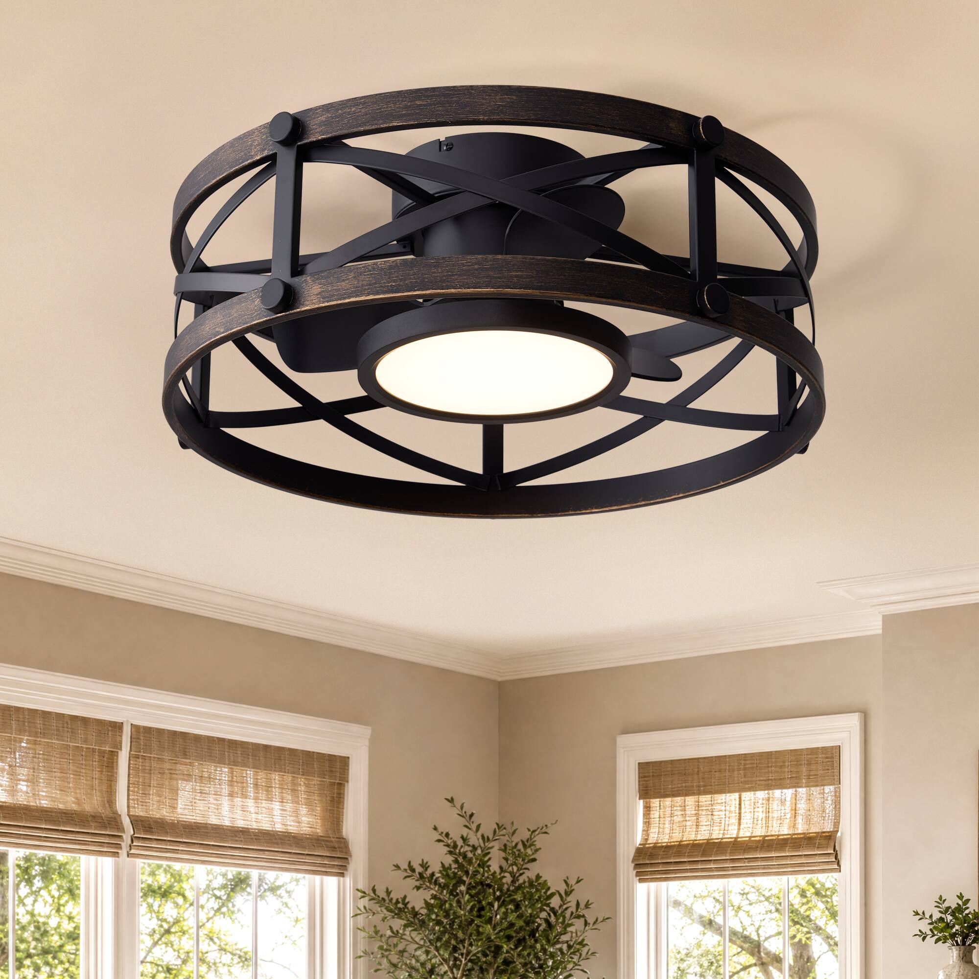 Angle. Siljoy - 22 Inch Cross Cage Vintage Bronze Iron LED Flush Mount Ceiling Fan Light for Bedroom Living Room Dining Room - Brown.