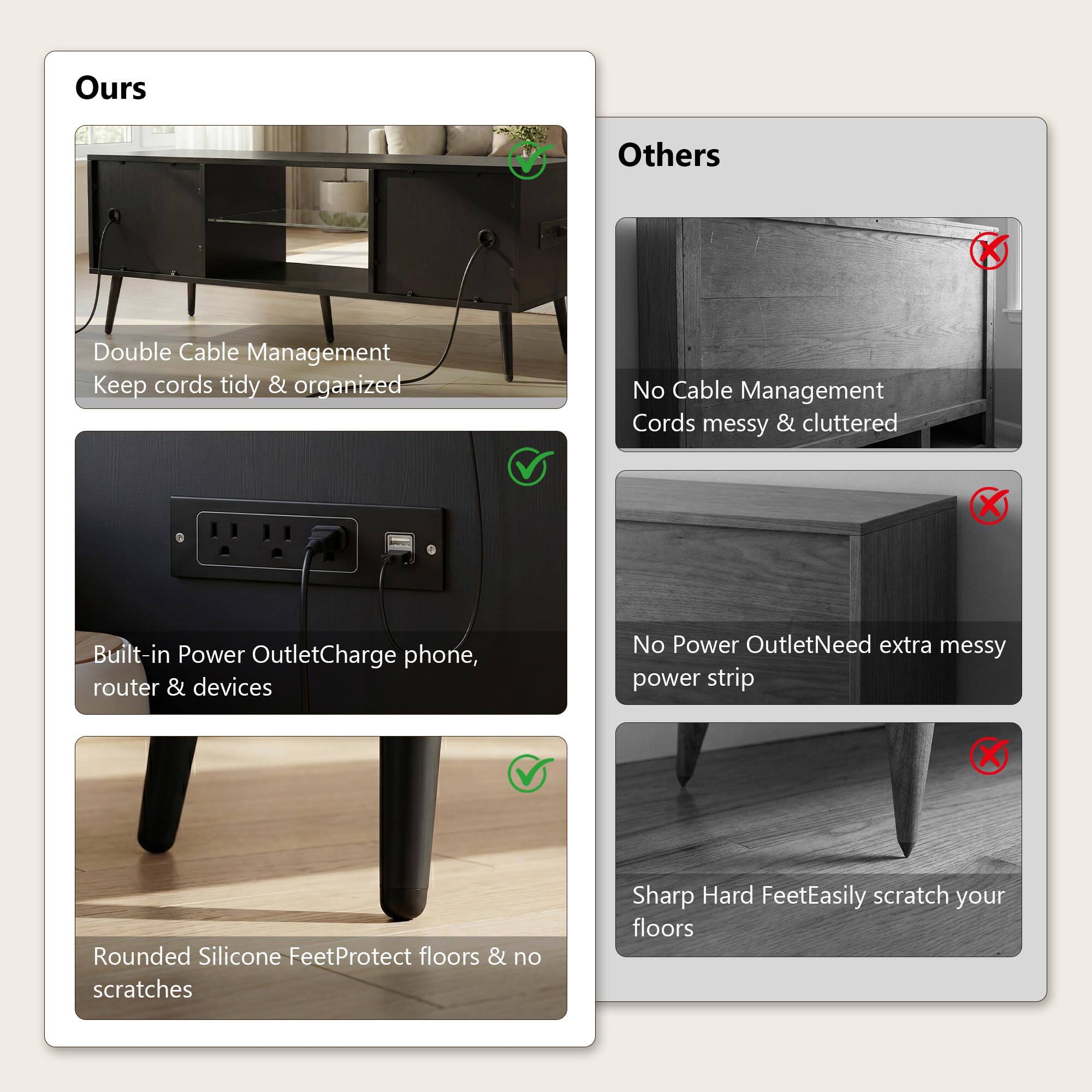 Ours  
Others

Double Cable Management  
Keep cords tidy & organized

No Cable Management  
Cords messy & cluttered

Built-in Power Outlet  
Charge phone, router & devices

No Power Outlet  
Need extra messy power strip

Rounded Silicone Feet  
Protect floors & no scratches

Sharp Hard Feet  
Easily scratch your floors