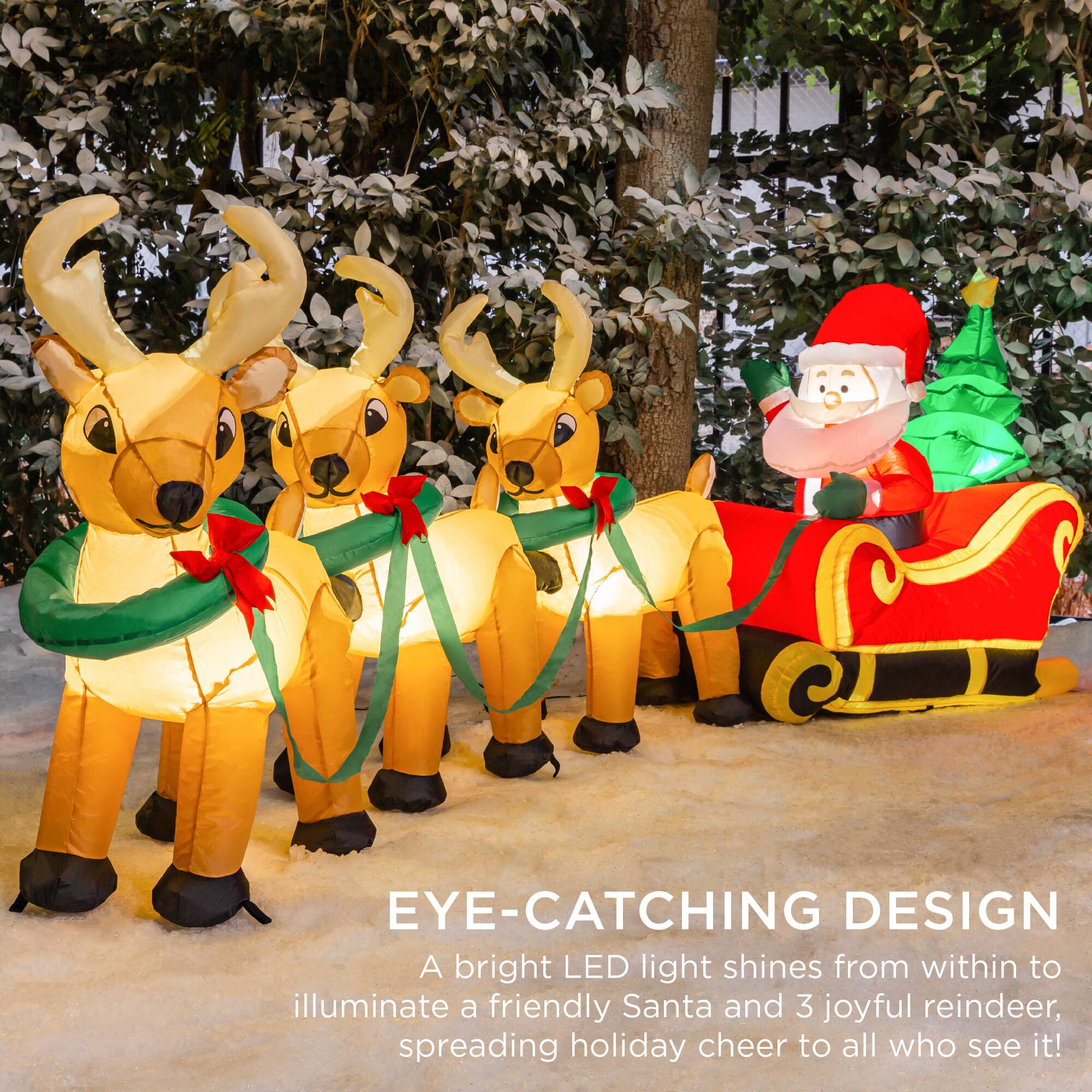 EYE-CATCHING DESIGN  
A bright LED light shines from within to illuminate a friendly Santa and 3 joyful reindeer, spreading holiday cheer to all who see it!