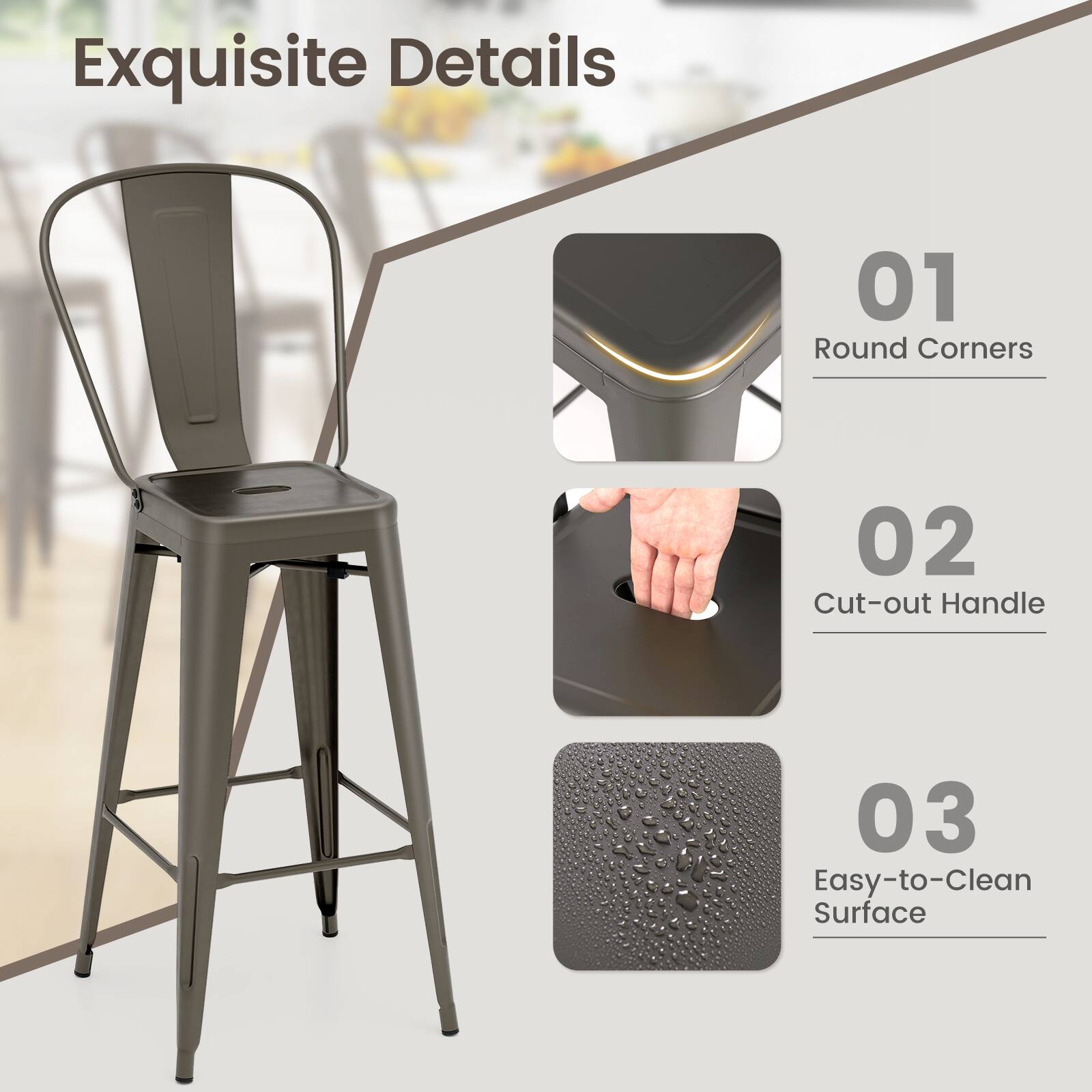 Exquisite Details
01 Round Corners
02 Cut-out Handle
03 Easy-to-Clean Surface