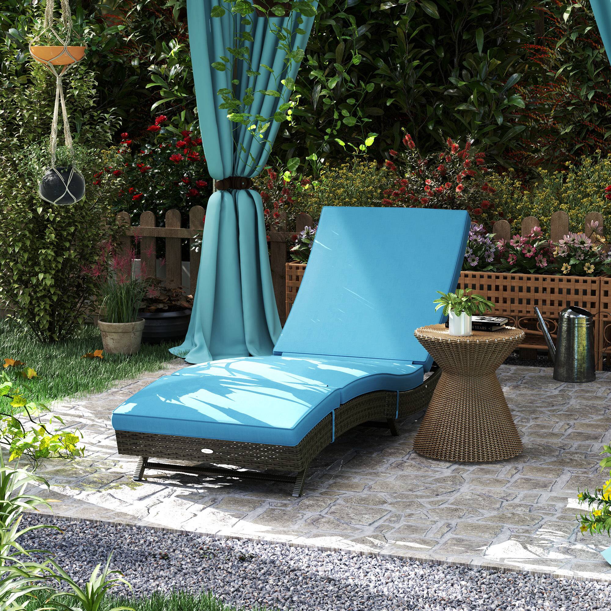 Alt View 1. Outsunny - Wicker Chaise Lounge Chair Outdoor with Wheels & Cushion, PE Rattan Patio Lounge Chair with 5-Level Adjustable Backrest - Sky Blue.
