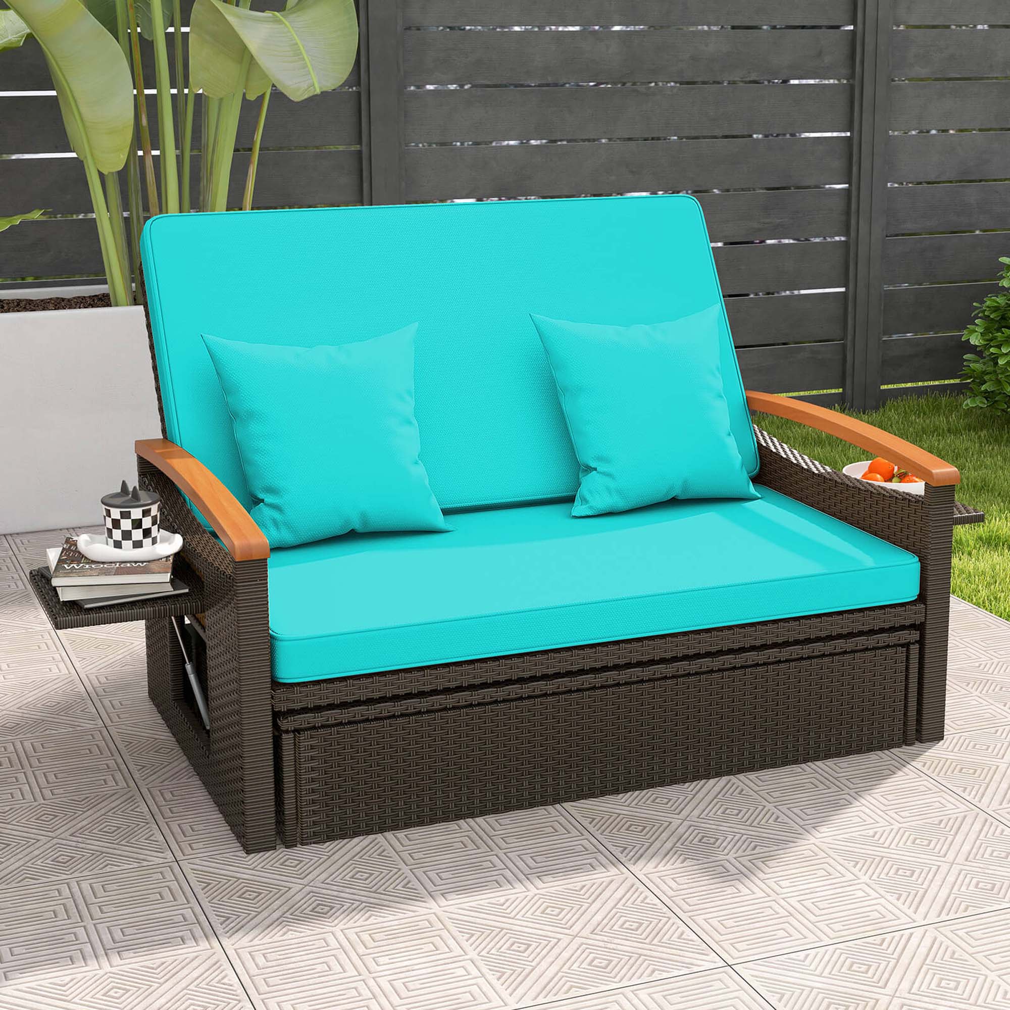 Alt View 4. Costway - Patio Rattan Daybed Set with Cushioned Loveseat & Storage Ottoman for Porch - Turquoise + Mix Brown.