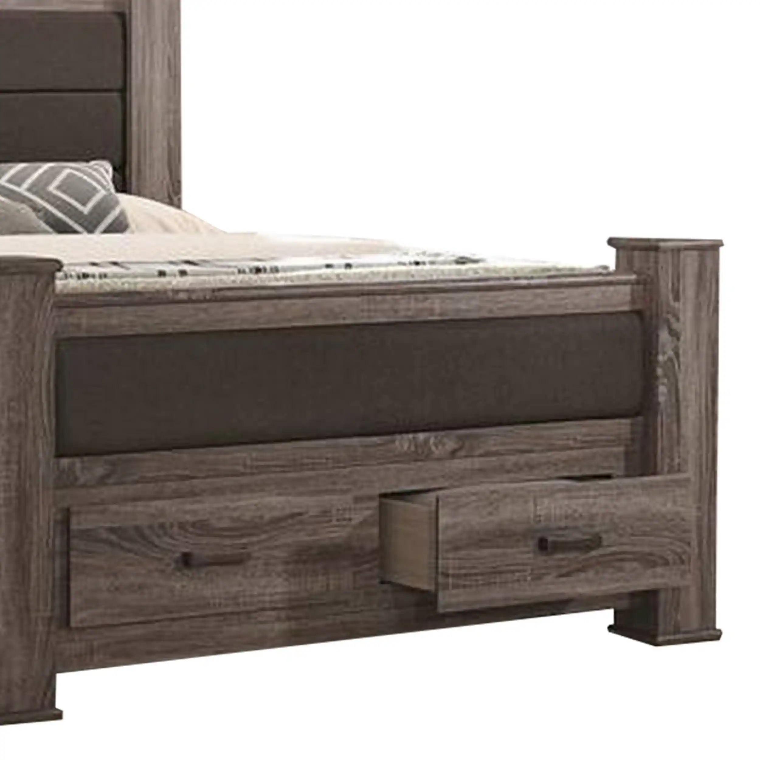 Alt View 1. Manhattan Lane - Fort Classic Queen Sized Bed with 2 Drawers, Upholstered Panel - Oak Gray.