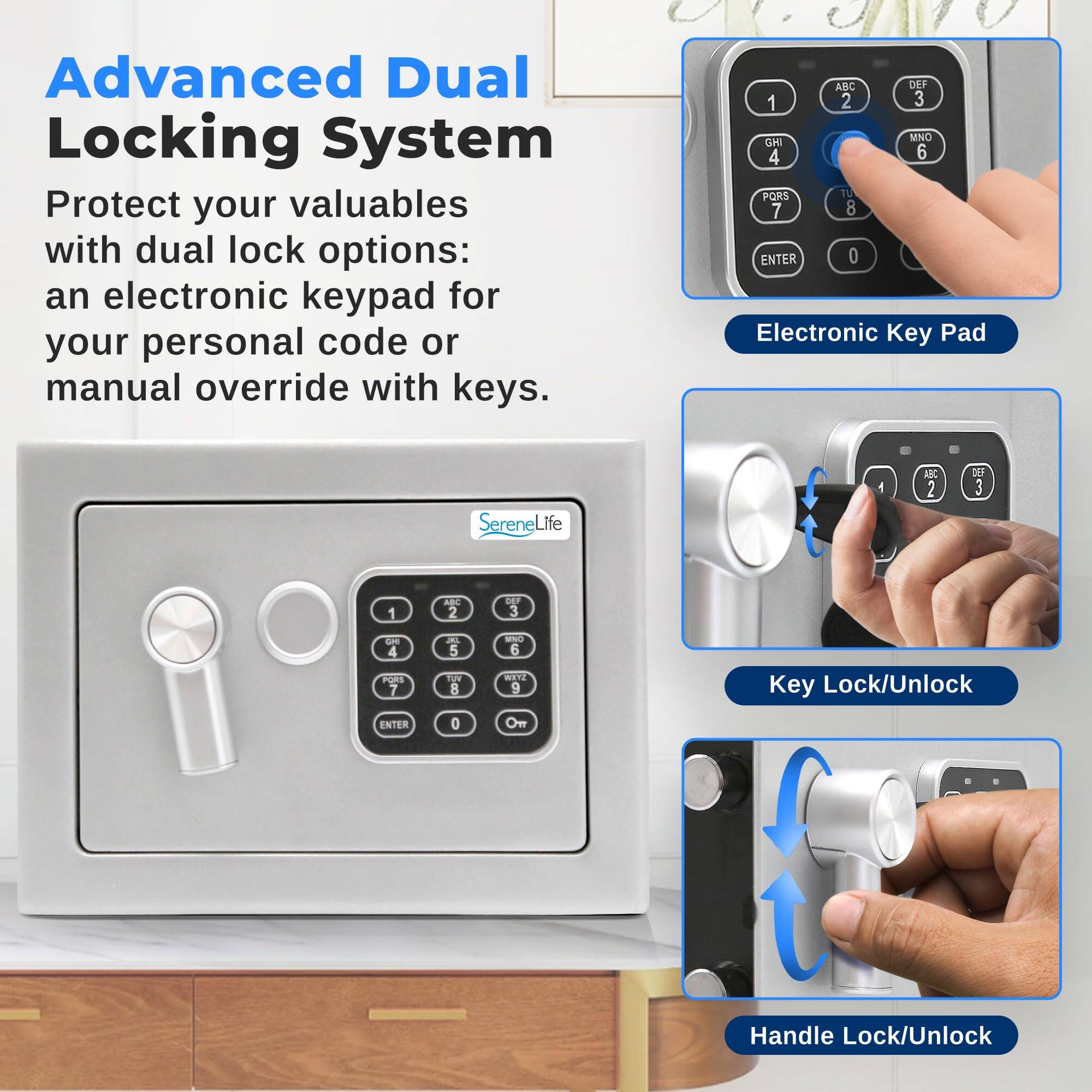 Advanced Dual Locking System

Protect your valuables with dual lock options: an electronic keypad for your personal code or manual override with keys.

Electronic Key Pad

Key Lock/Unlock

Handle Lock/Unlock