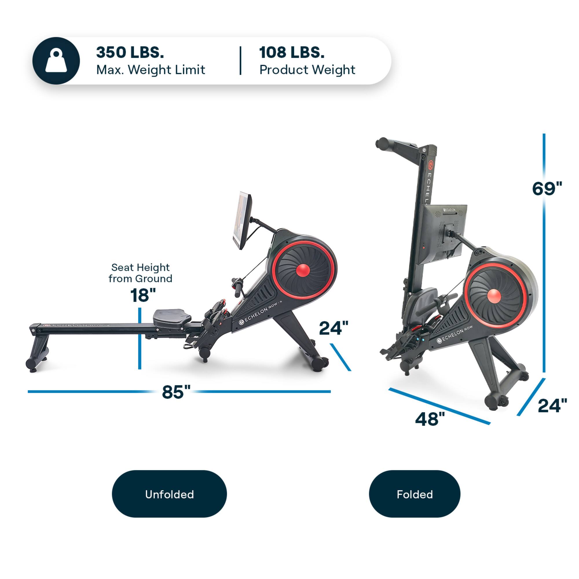 350 LBS. Max. Weight Limit  
108 LBS. Product Weight  
ECHELON  
69"  
Seat Height from Ground 18"  
ROWIS ECHELON  
24"  
NOR ECHELON ROW  
85"  
48"  
24"  
Unfolded  
Folded