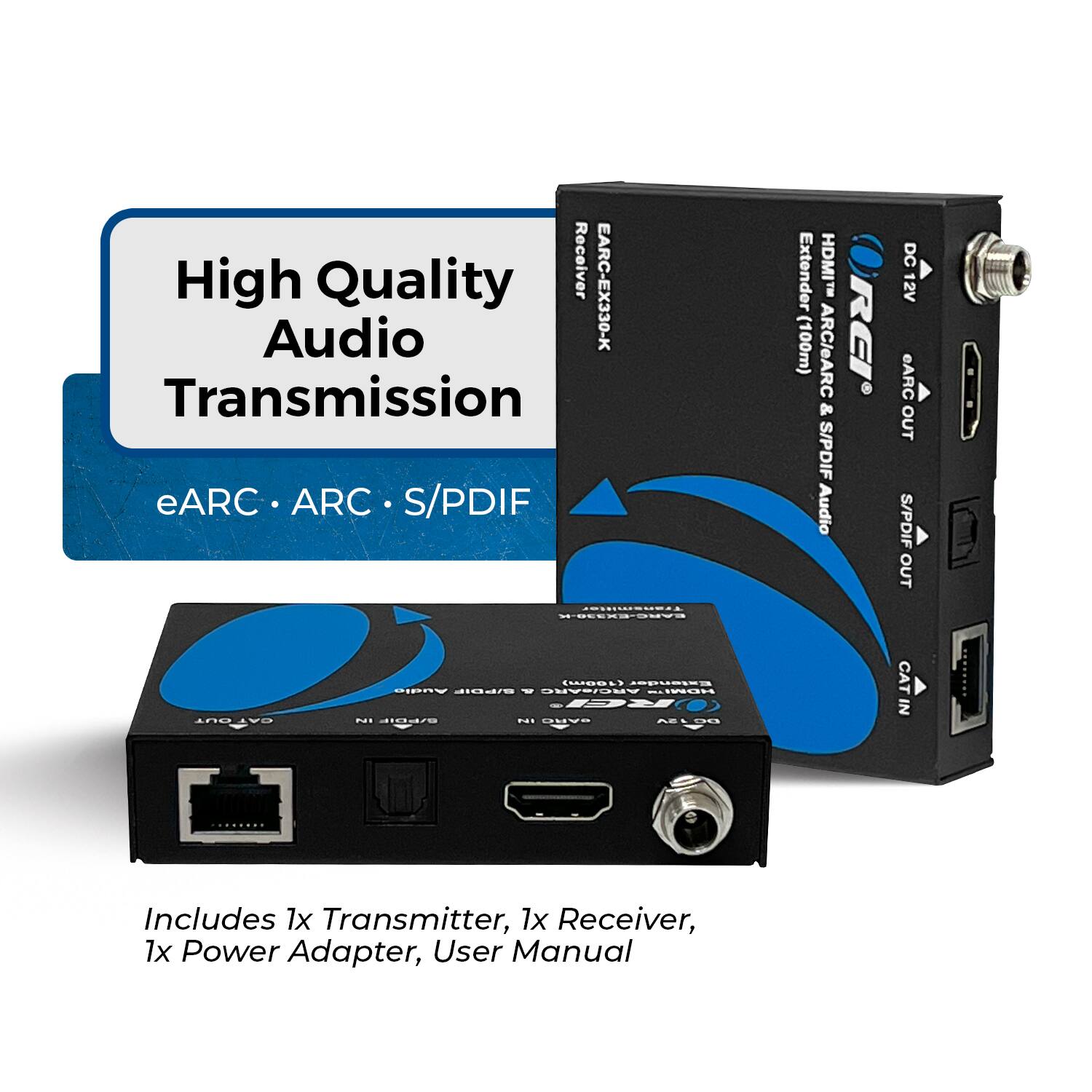 High Quality Receiver EARC-EX330-K Audio Transmission eARC ARC S/PDIF Extender HDMI (100m) ARC/eARC & S/PDIF Audio REI DC 12V eARC OUT S/PDIF OUT. Includes 1x Transmitter, 1x Receiver, 1x Power Adapter, User Manual.
