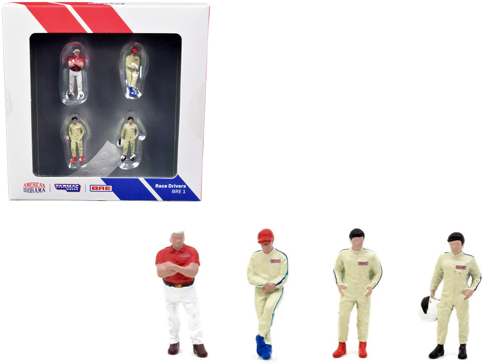 "Race Drivers" 4 Piece Diecast Figure Set "BRE" for 1/64 Scale Models by Tarmac Works & American Diorama - Multicolor