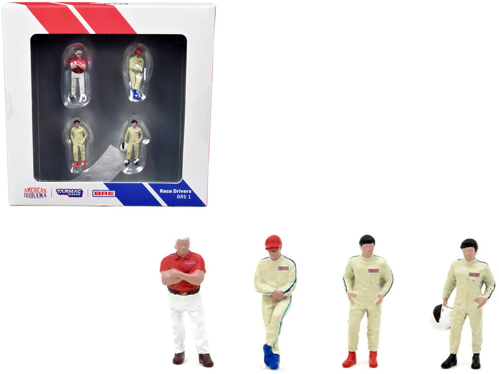 "Race Drivers" 4 Piece Diecast Figure Set "BRE" for 1/64 Scale Models by Tarmac Works & American Diorama - Multicolor