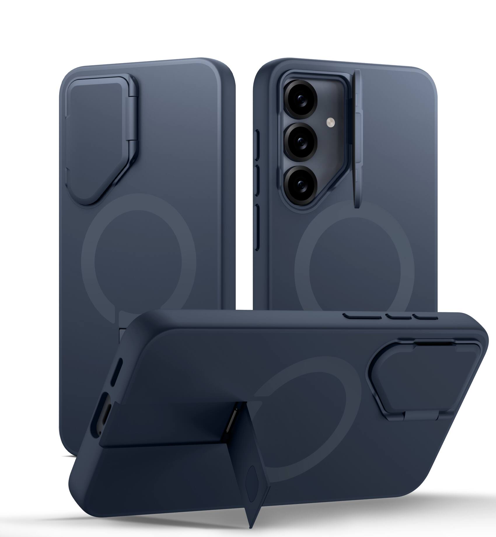 Front. SURITCH - Phone Case for Samsung Galaxy S25 FE, Magnetic Shockproof Protective Cover with Camera Cover & Adjustable Kickstand - Deep Blue.