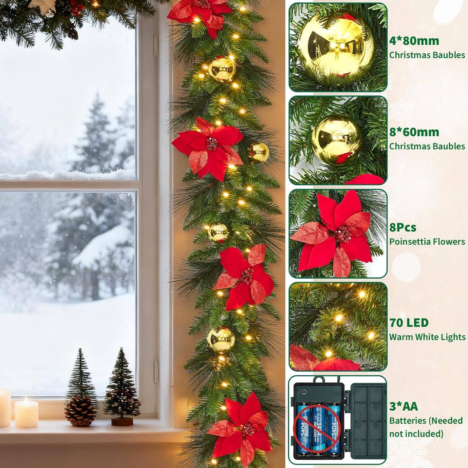 4*80mm Christmas Baubles  
8*60mm Christmas Baubles  
8Pcs Poinsettia Flowers  
70 LED Warm White Lights  
3*AA Batteries (Needed not included)