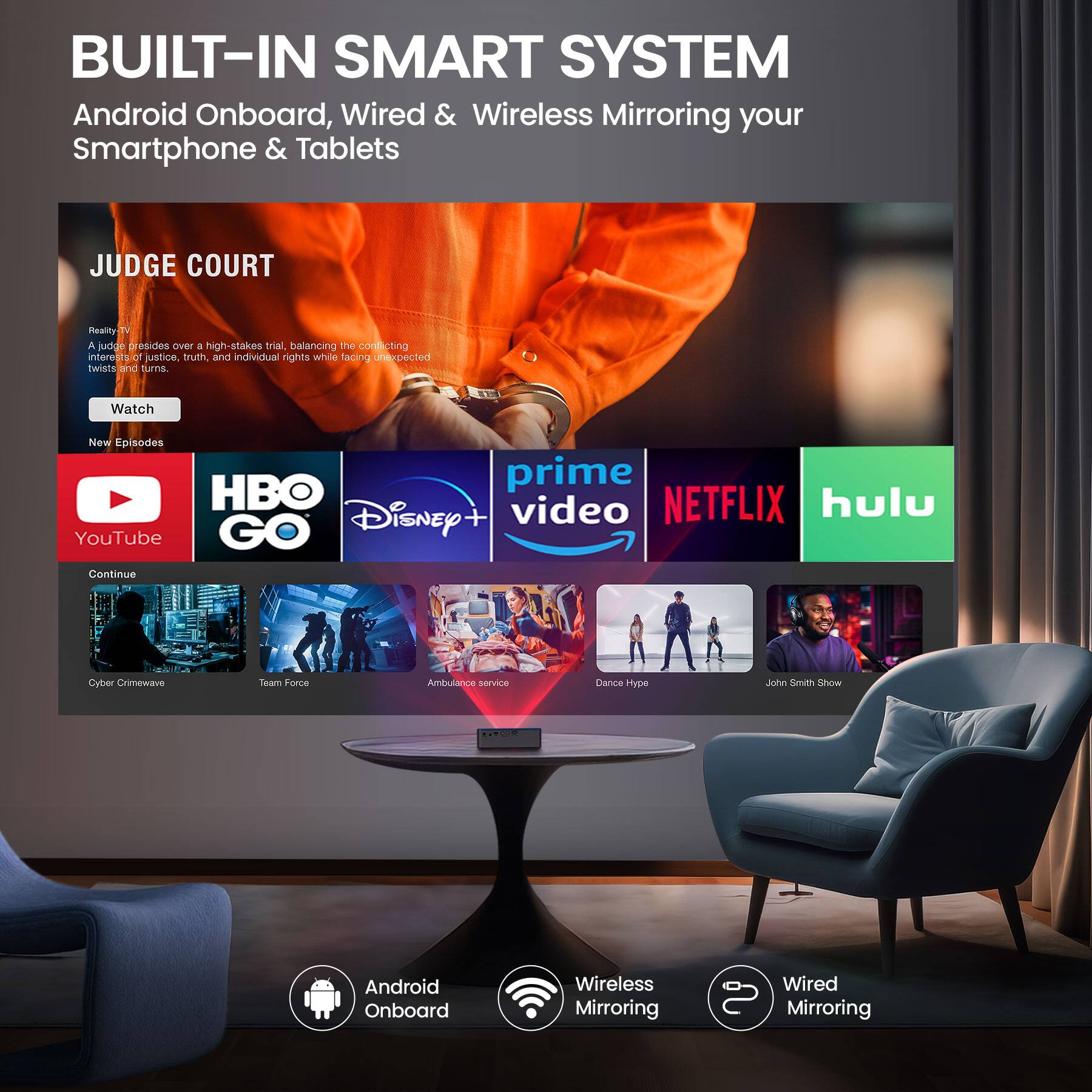BUILT-IN SMART SYSTEM: Android Onboard, Wired & Wireless Mirroring your Smartphone & Tablets

JUDGE COURT: Reality TV show about a judge presiding over a high-stakes trial, balancing conflicting interests of justice, truth, and individual rights while facing unexpected twists and turns. Watch new episodes on HBO, Prime Video, Netflix, Hulu, Disney+, and YouTube.

Cyber Criminals: A team of cybercrime investigators working to solve and prevent online crimes.

Ambulance Service: A show about the daily lives of paramedics and emergency medical personnel.

Dance Hype: A show featuring the latest dance trends and challenges.

John Smith Show: A show about the adventures of a secret agent named John Smith.

Android Onboard: A feature that allows users to run Android applications directly on their devices.

Wired Mirroring: A feature that enables users to connect their devices to a computer or other device with a cable for a faster and more stable connection.

Wireless Mirroring: A feature that allows users to connect their devices wirelessly to a computer or other device, providing a more convenient and portable option.