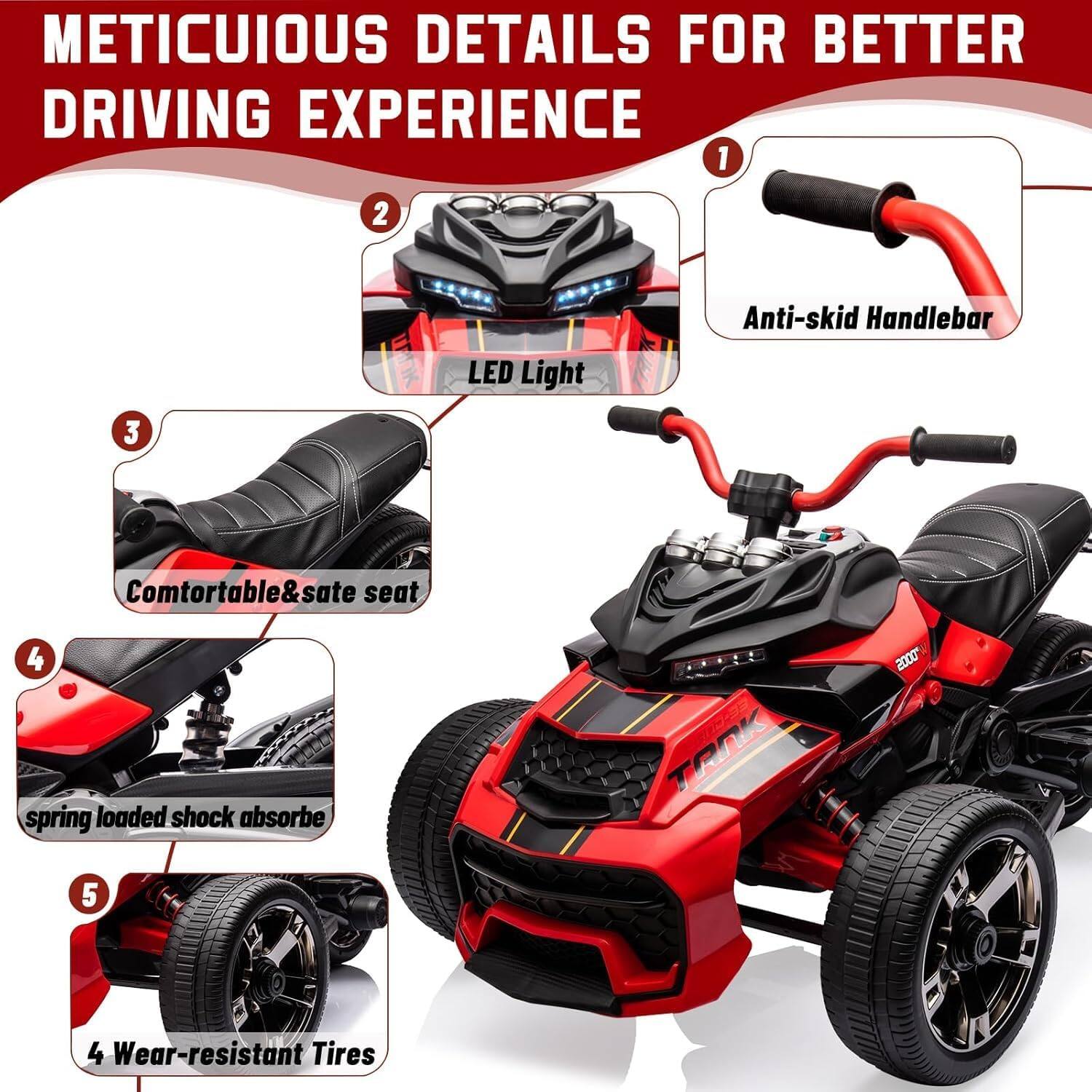 1. Anti-skid Handlebar  
2. LED Light  
3. Comfortable & Safe Seat  
4. Spring Loaded Shock Absorber  
5. Wear-resistant Tires