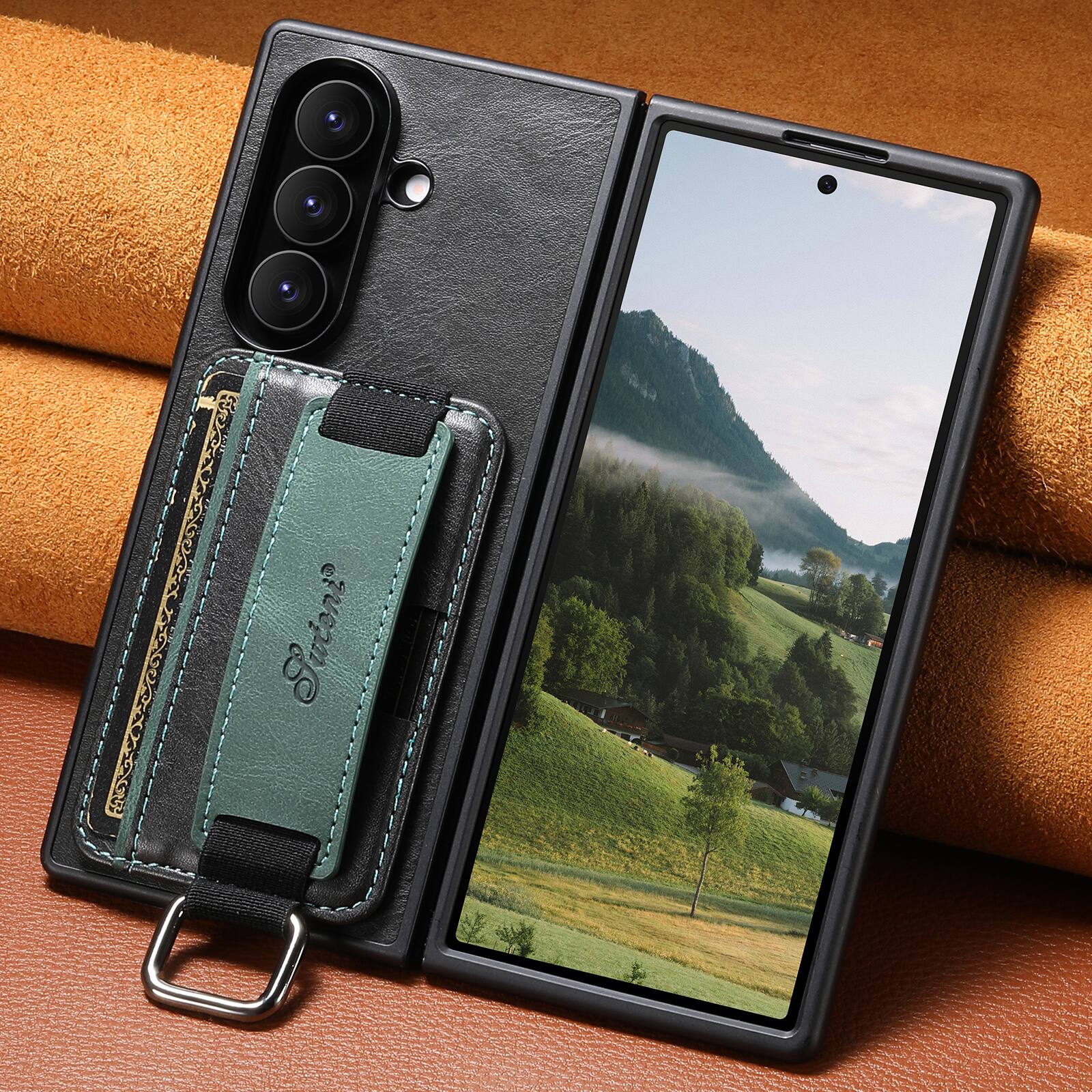 Alt View 1. Dteck - Wallet Case for Samsung Galaxy Z Fold 8 Ultra, Oil Wax PU Leather Retro Business Card Holder Wrist Strap Stand Cover - Blue.
