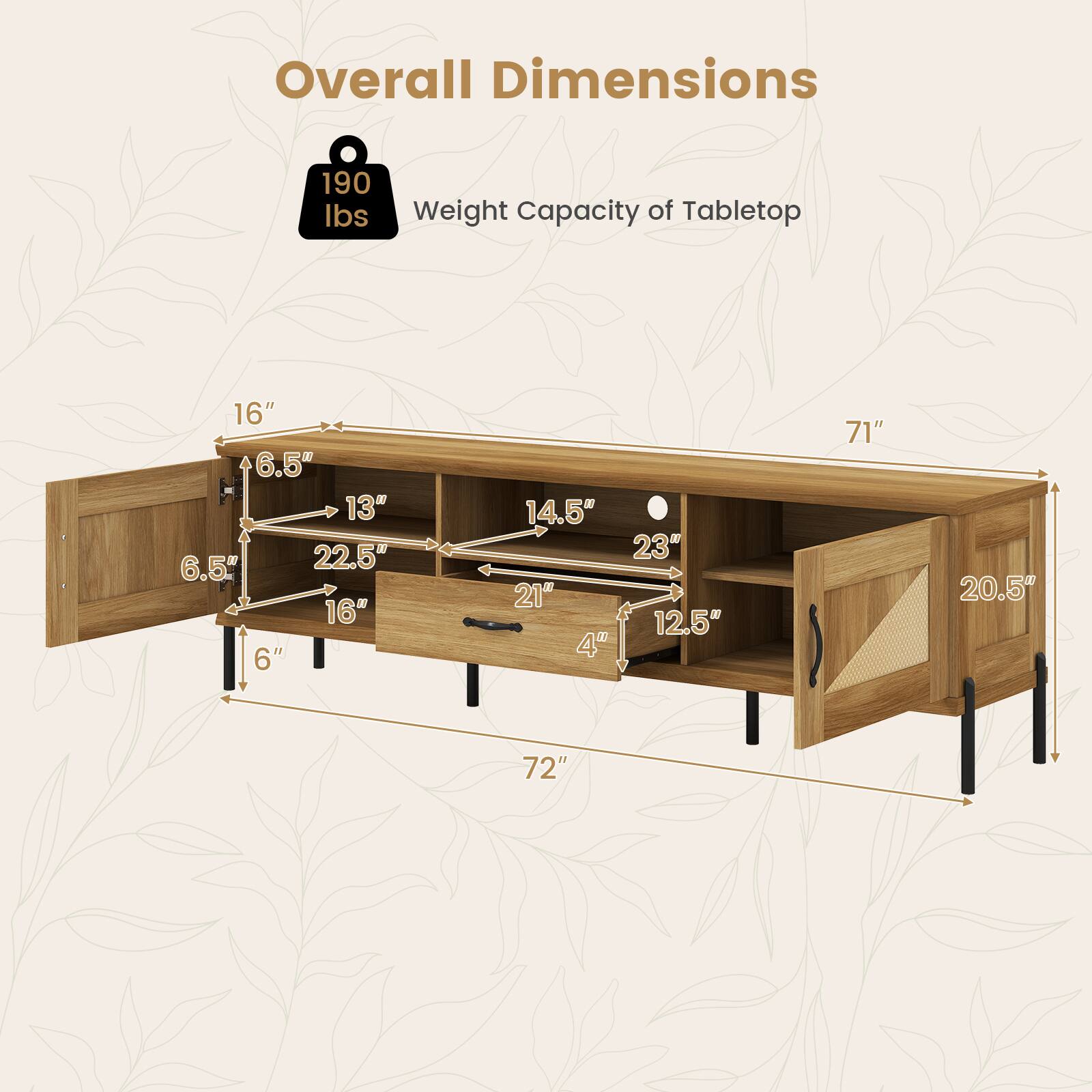 Overall Dimensions  
Weight Capacity of Tabletop: 190 lbs  
16" x 6.5" x 13" x 6.5" x 22.5" x 16" x 6" x 14.5" x 21" x 40" x 23" x 12.5" x 71" x 20.5" x 72"