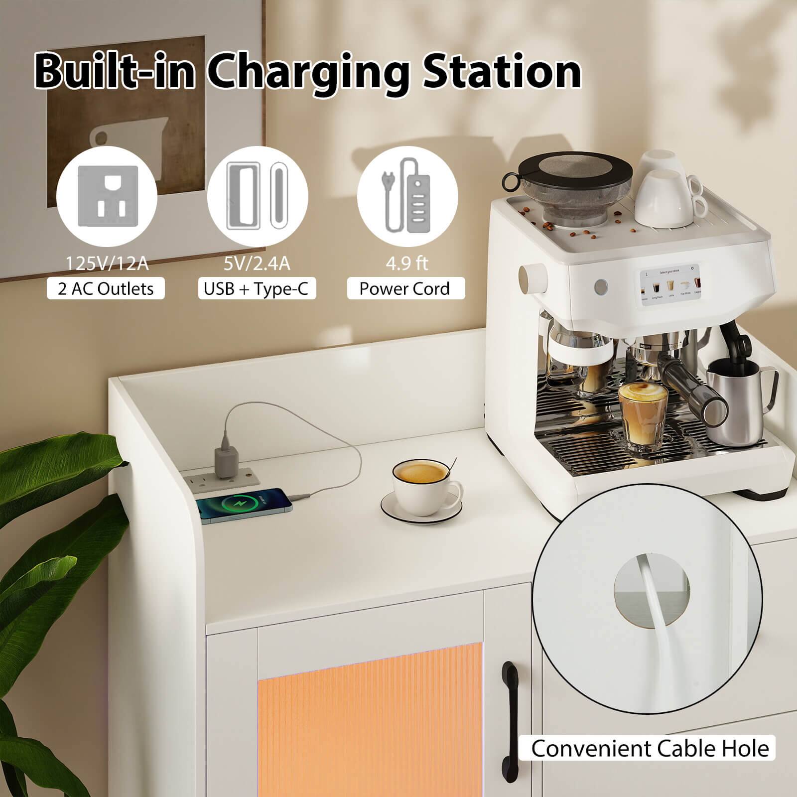 Built-in Charging Station

- 125V/12A
- 2 AC Outlets
- 5V/2.4A USB + Type-C
- 4.9 ft Power Cord
- Convenient Cable Hole