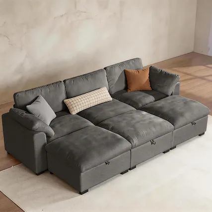 Front. Dyonery - Dyonery 120-inch oversized modular sectional sofa, with storage bench, down-filled, solid wood frame, no tools required - Grey.