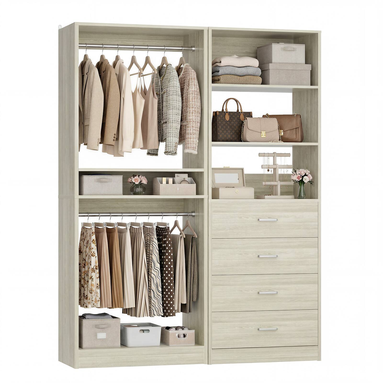 Angle. Aheaplus - 46.3" Walk-in Closet Organizer System with 4 Wooden Drawers and 2 Hanging Rods - Beige Oak.