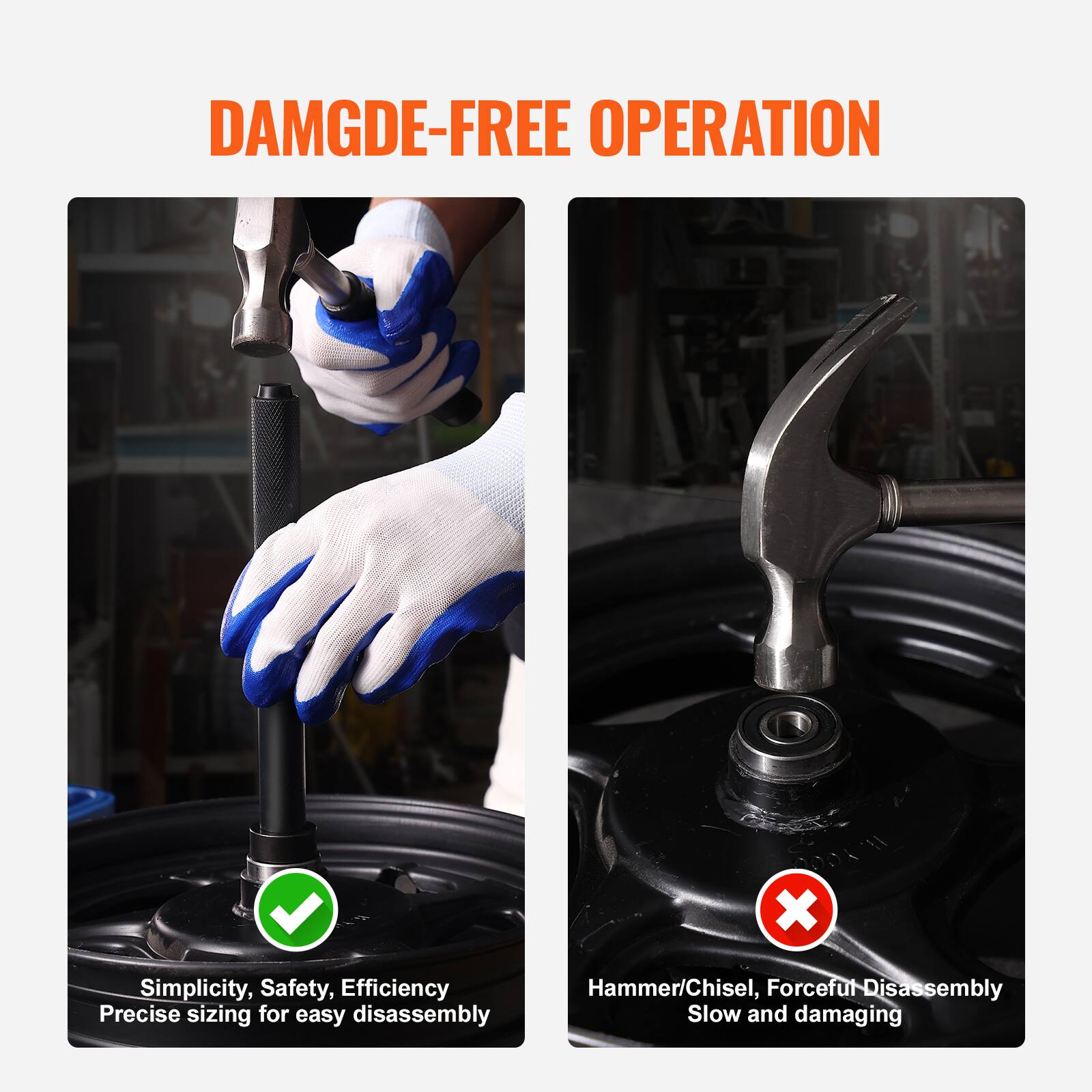DAMAGE-FREE OPERATION

- Simplicity, Safety, Efficiency
- Precise sizing for easy disassembly

- Hammer/Chisel, Forceful Disassembly
- Slow and damaging