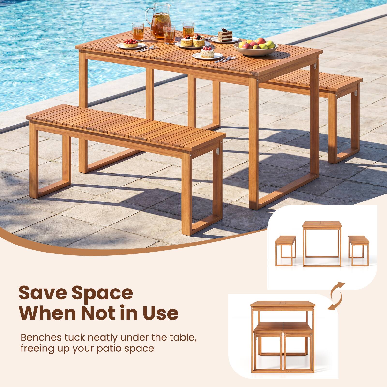 Save Space When Not in Use  
Benches tuck neatly under the table, freeing up your patio space