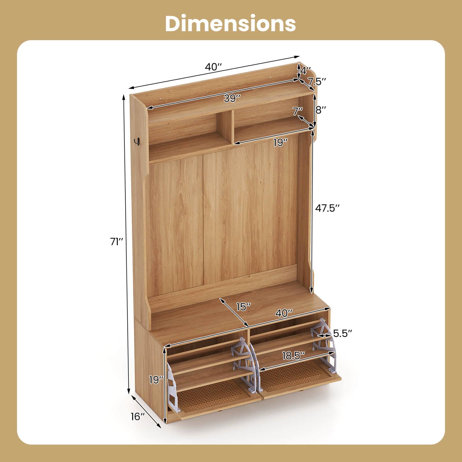 Dimensions:
- Height: 71"
- Width: 40"
- Depth: 16"
- Top shelf: 40" x 39"
- Top shelf depth: 4"
- Top shelf height from floor: 47.5"
- Second shelf: 40" x 15"
- Second shelf depth: 5.5"
- Second shelf height from floor: 47.5" - 19" = 28.5"
- Third shelf: 40" x 18.5"
- Third shelf depth: 5.5"
- Third shelf height from floor: 28.5" - 19" = 9.5"
- Bottom shelf: 40" x 19"
- Bottom shelf depth: 5.5"
- Bottom shelf height from floor: 9.5" - 19" = -9.5" (not applicable, likely a measurement error)