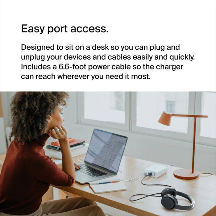 Easy port access.  
Designed to sit on a desk so you can plug and unplug your devices and cables easily and quickly.  
Includes a 6.6-foot power cable so the charger can reach wherever you need it most.