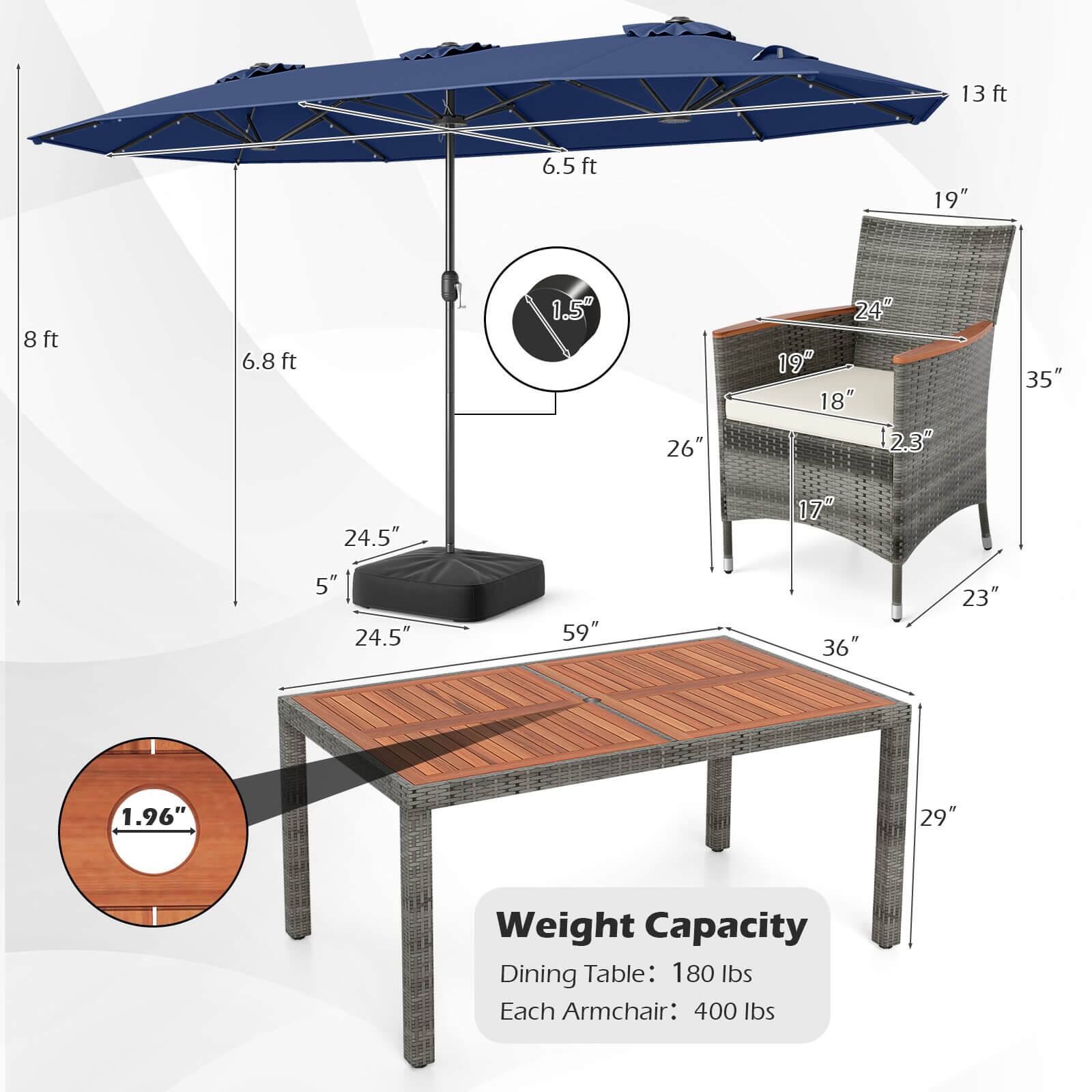 13 ft  
6.5 ft  
19"  
8 ft  
6.8 ft  
1.5"  
26"  
24"  
19"  
18"  
12.3"  
35"  
24.5"  
17"  
5"  
24.5"  
59"  
36"  
23"  
1.96"  
29"  

Weight Capacity  
Dining Table: 180 lbs  
Each Armchair: 400 lbs