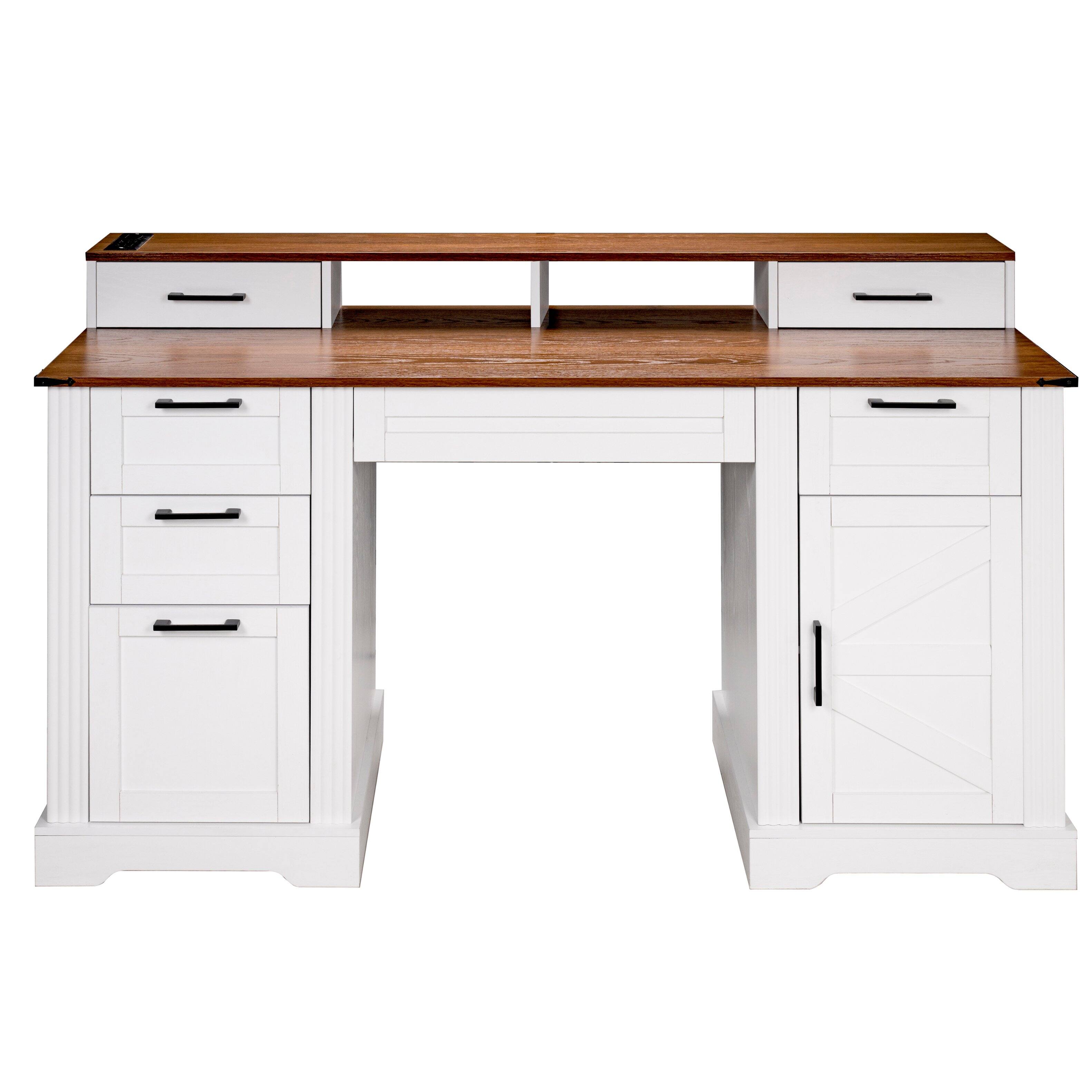 Alt View 9. Loheer - Loheer Farmhouse Office Desk, 59 Inch White Office Desk with Drawers, Charging Station, Monitor Stand, Cabinet - White.