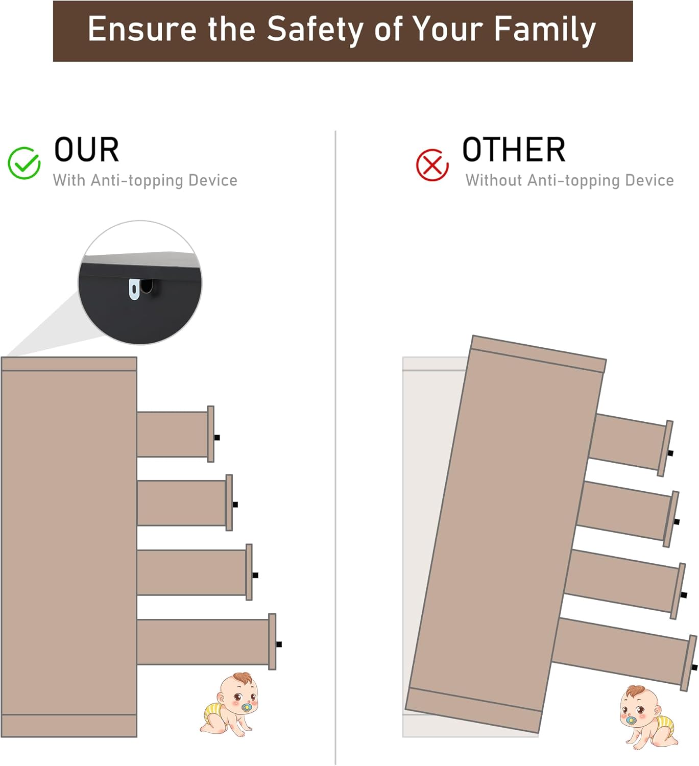 Ensure the Safety of Your Family

OUR  
With Anti-topping Device

OTHER  
Without Anti-topping Device