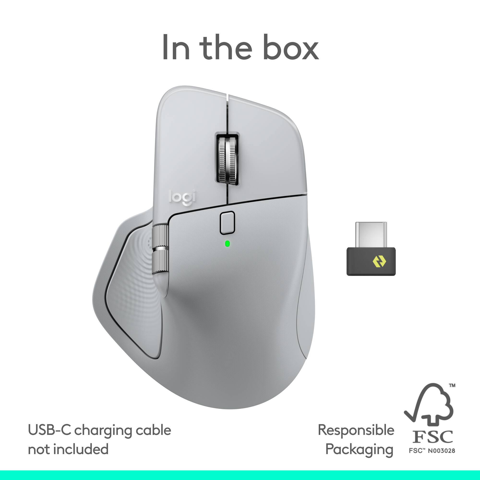In the box: Logi TM USB-C charging cable not included. Responsible FSC Packaging FSC N003028.