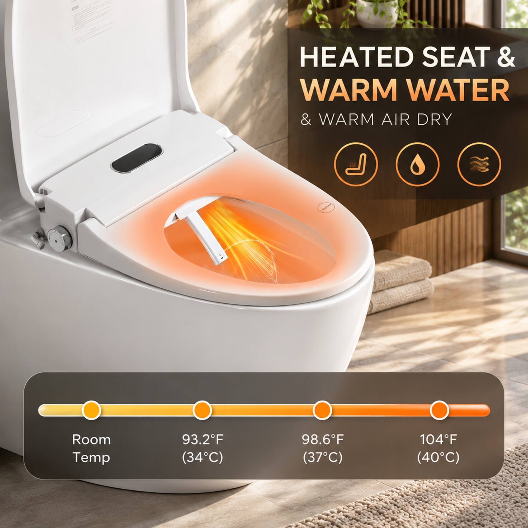HEATED SEAT & WARM WATER & WARM AIR DRY

CADISTOAM

Room Temp
93.2F (34C)
98.6F (37C)
104F (40C)