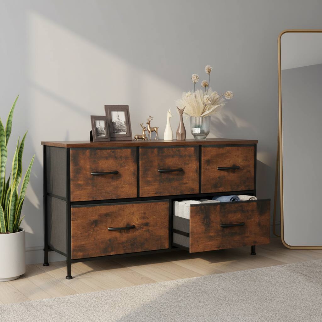 Alt View 2. AOITUN - 5 Drawer Fabric Dresser for Bedroom, Chest of Drawer Organizer Storage Cabinet for Closet, Entryway, Rust Brown - brown.