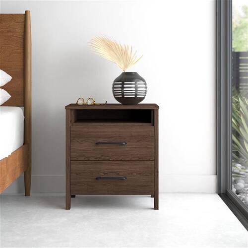 Angle. Hivvago - Modern 2-Drawer Nightstand Bedside Table in Brown Walnut Wood Finish - Brown.