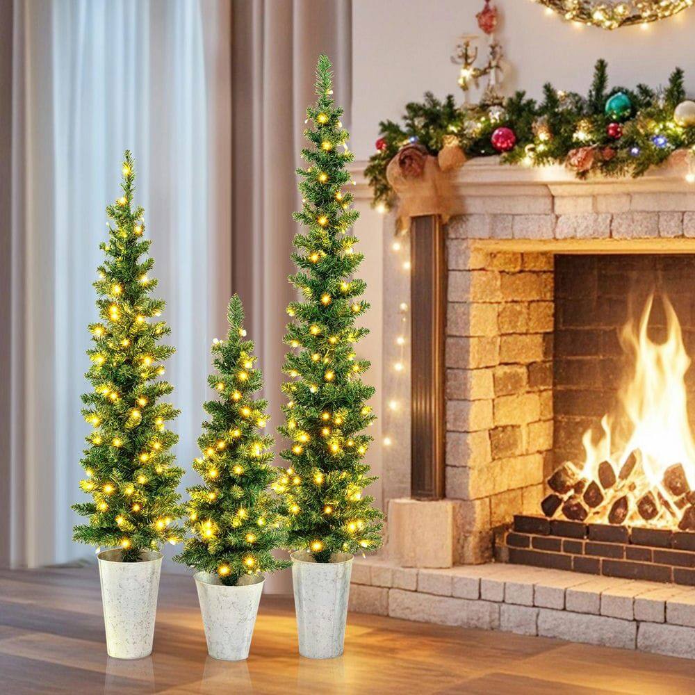 Alt View 4. Resenkos - Resenkos Set of 3 Pre-Lit Artificial Christmas Trees - Warm White LEDs, Green/Silver - Green.