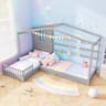 Gymax - L-shaped Double Twin Beds House Platform Beds w/ Window & Fences ray - Gray