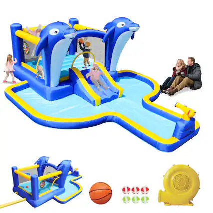 Front. Loheer - Loheer 8 in 1 Inflatable Water Park Bounce House with Slide Dolphin Sprinkler Target Games.