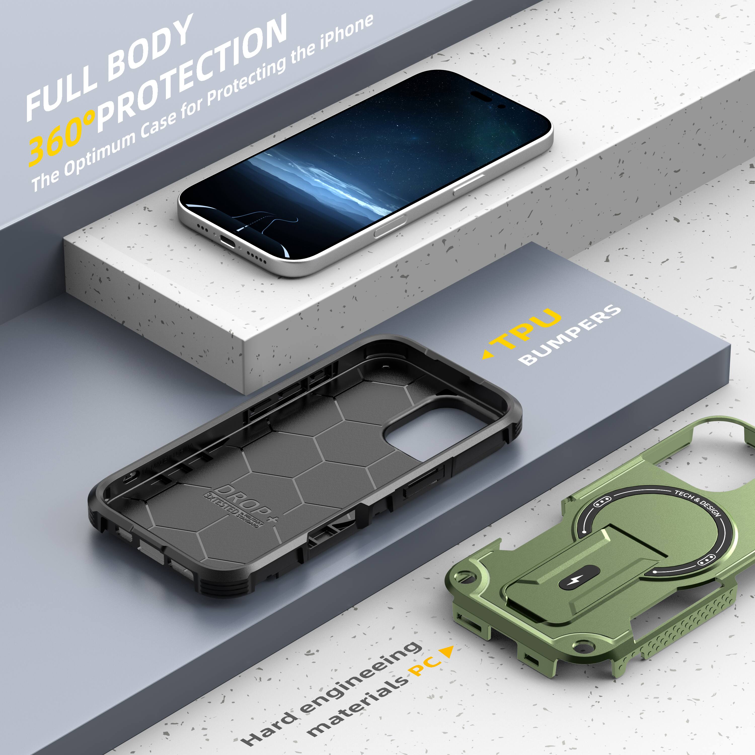 FULL BODY 360° PROTECTION  
The Optimum Case for Protecting the iPhone  

TPU BUMPERS  

Hard engineering materials PC  

TECH & DESIGN