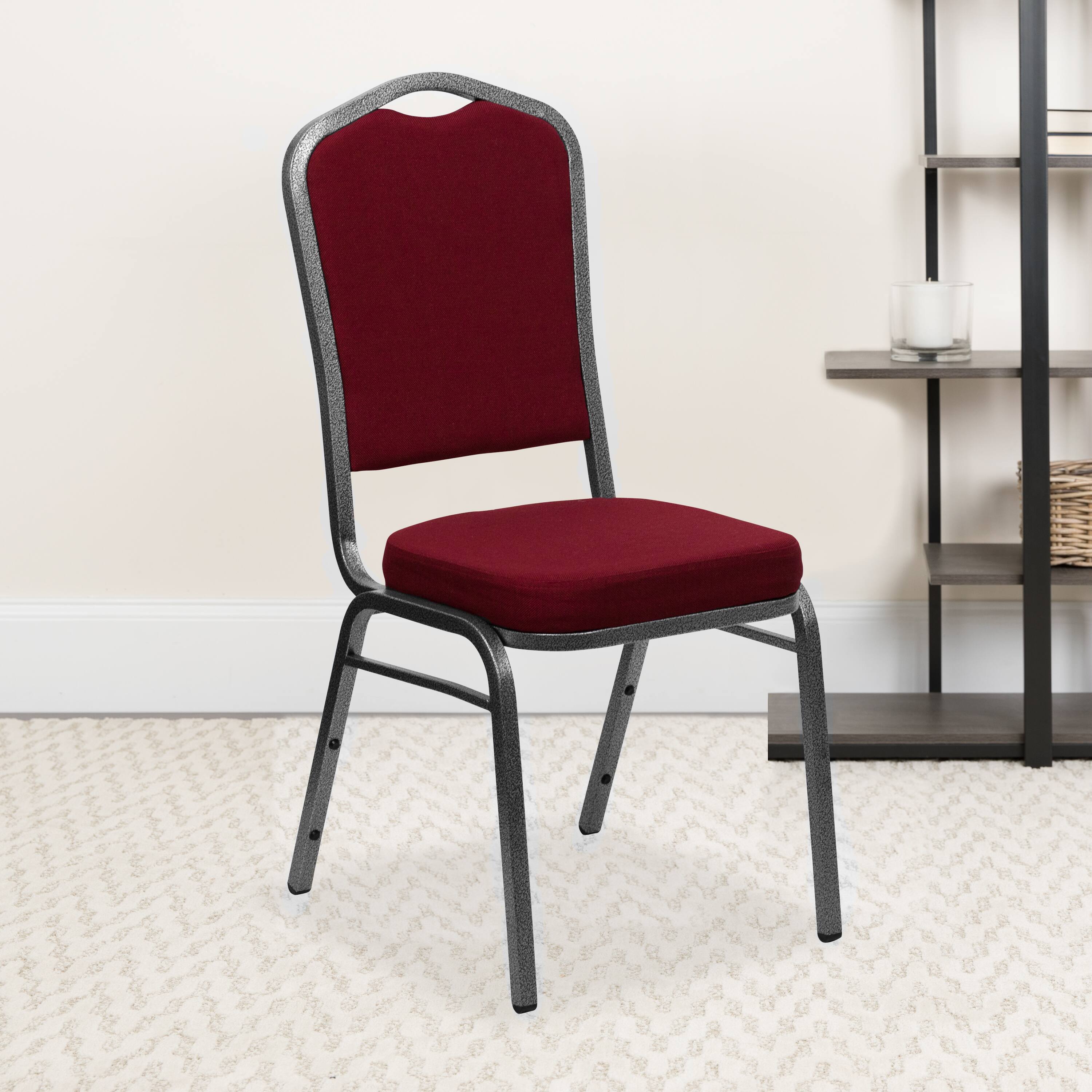Alt View 2. Emma + Oliver - 4 Pack Crown Back Stacking Banquet Chair - Burgundy Fabric/Silver Vein Frame.