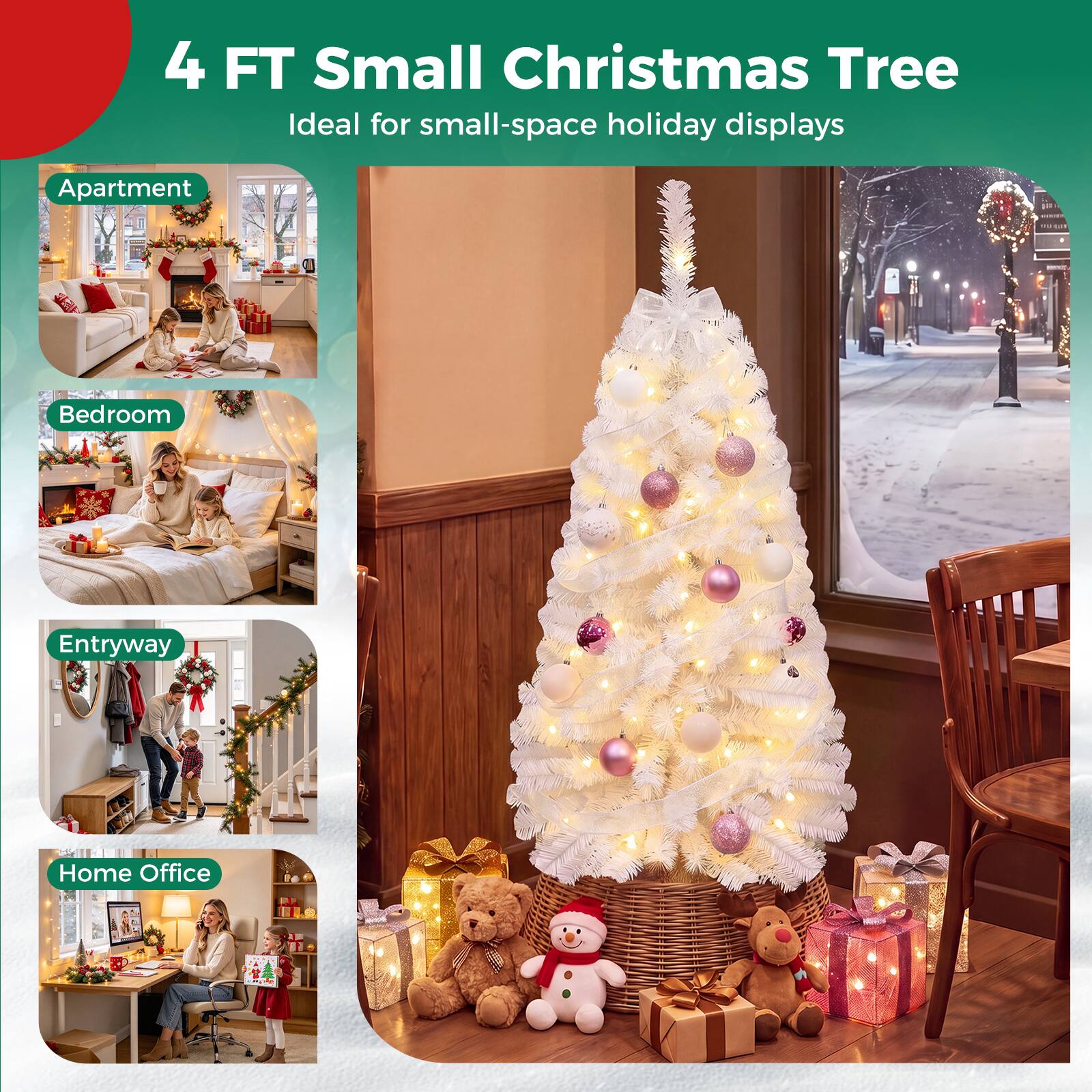 4 FT Small Christmas Tree  
Ideal for small-space holiday displays  
Apartment  
Bedroom  
Entryway  
Home Office