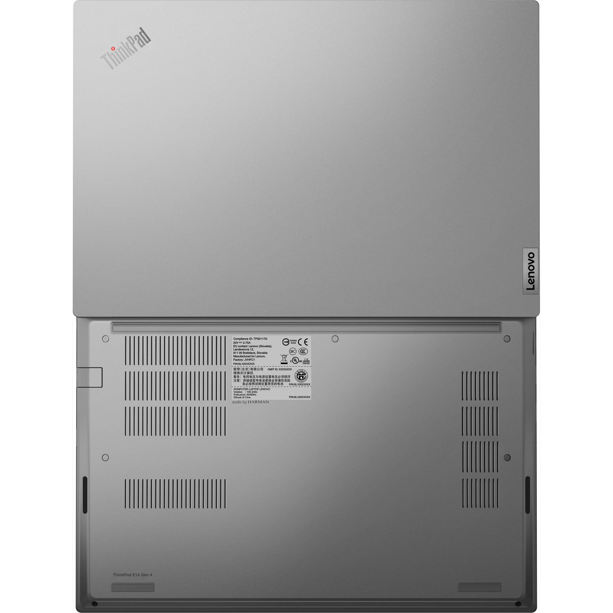 ThinkPad Lenovo

ThinkPad E14 Gen 4

Lenovo

Certifications and Compliance:
- CE
- FCC
- IC
- PSE
- REACH
- RoHS

Additional Information:
- Made by Harman

Model Number: 20KFA00000

Serial Number: (Barcode present)

Other Details:
- (Various certification and regulatory information present)