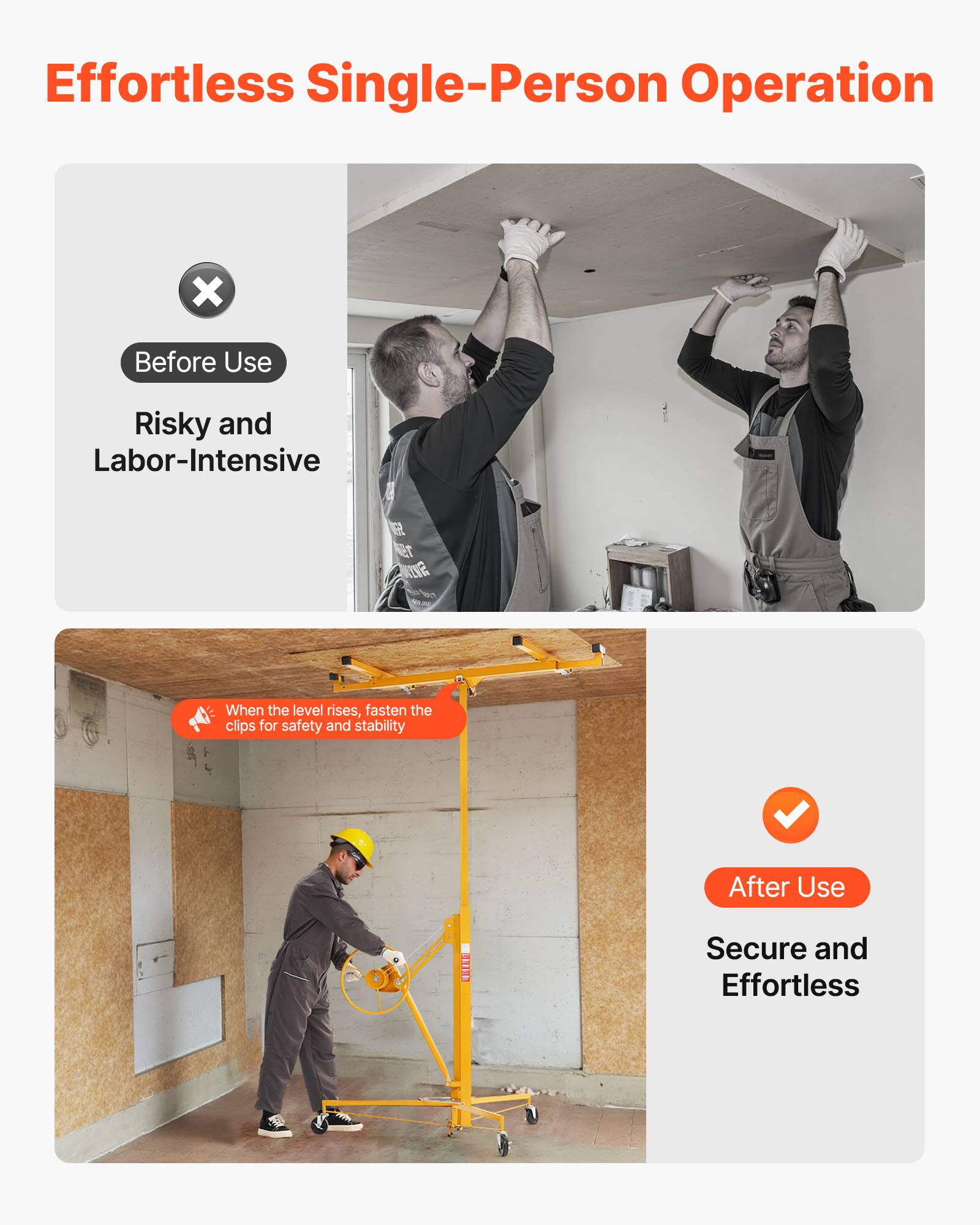 Effortless Single-Person Operation

Before Use  
Risky and Labor-Intensive

When the level rises, fasten the clips for safety and stability

After Use  
Secure and Effortless