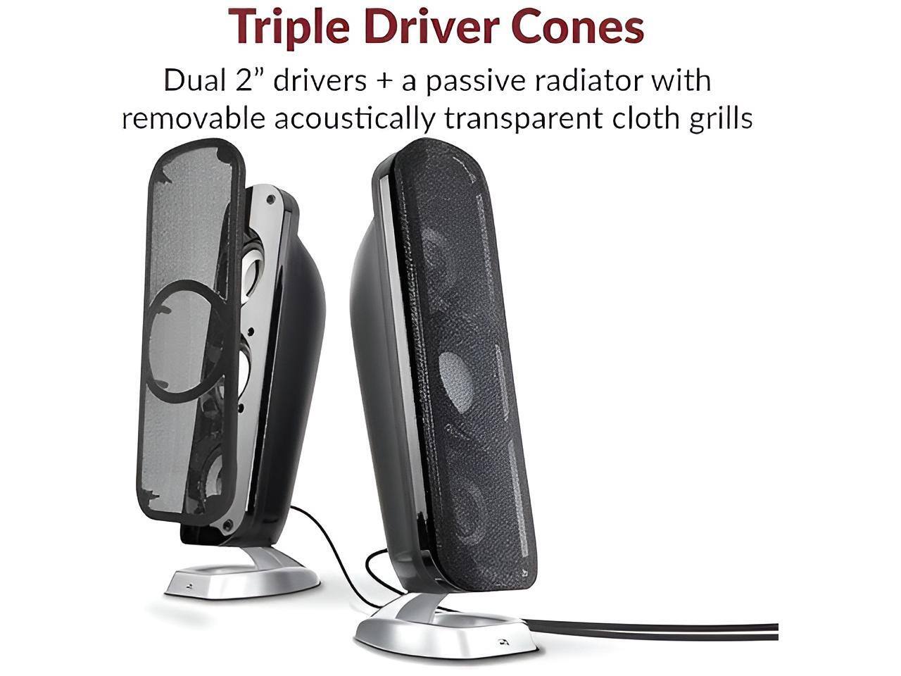 Triple Driver Cones  
Dual 2" drivers + a passive radiator with removable acoustically transparent cloth grills