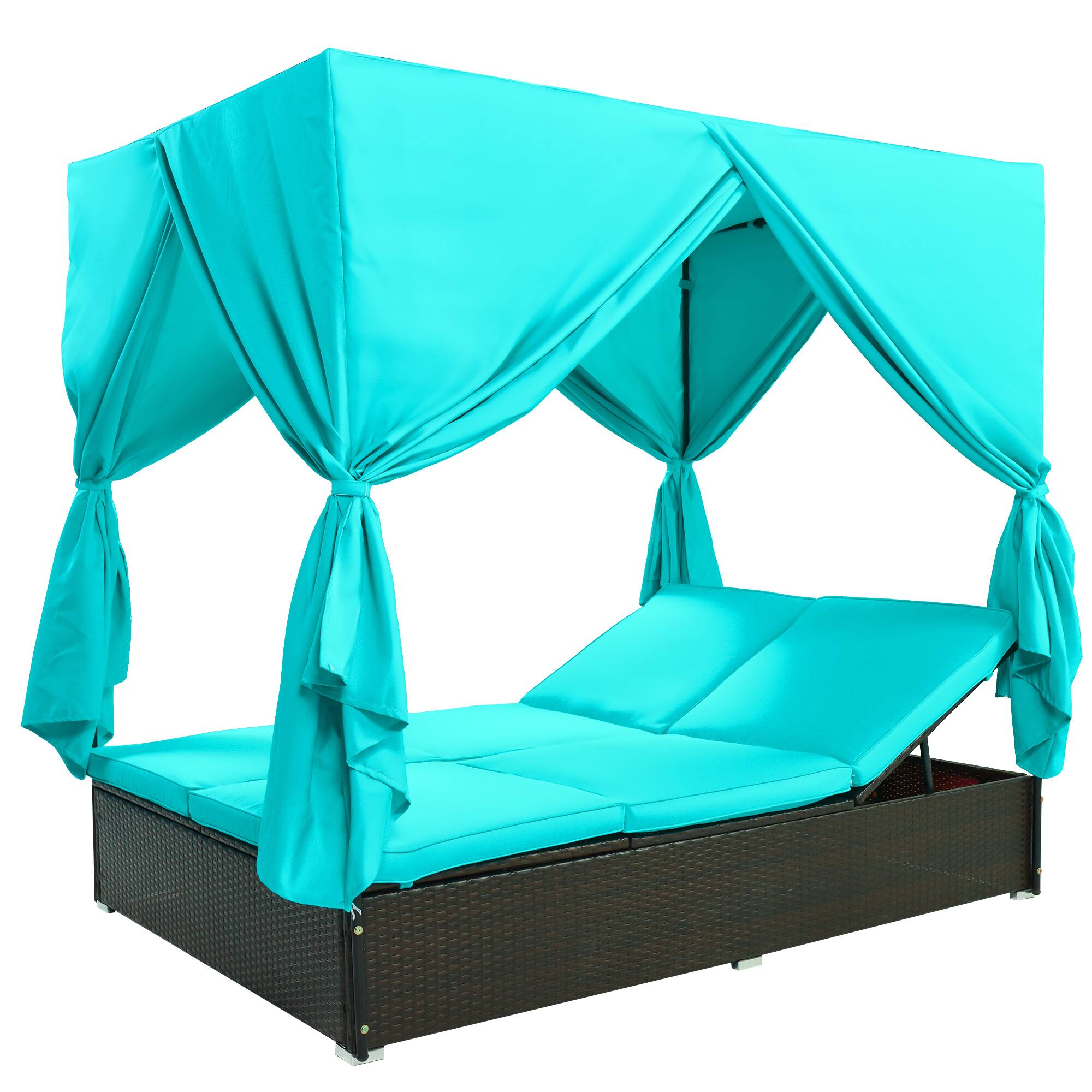 Back. Mondawe - Outdoor Double Chaise Lounge Daybed with Curtains and Adjustable Backrest - Blue.