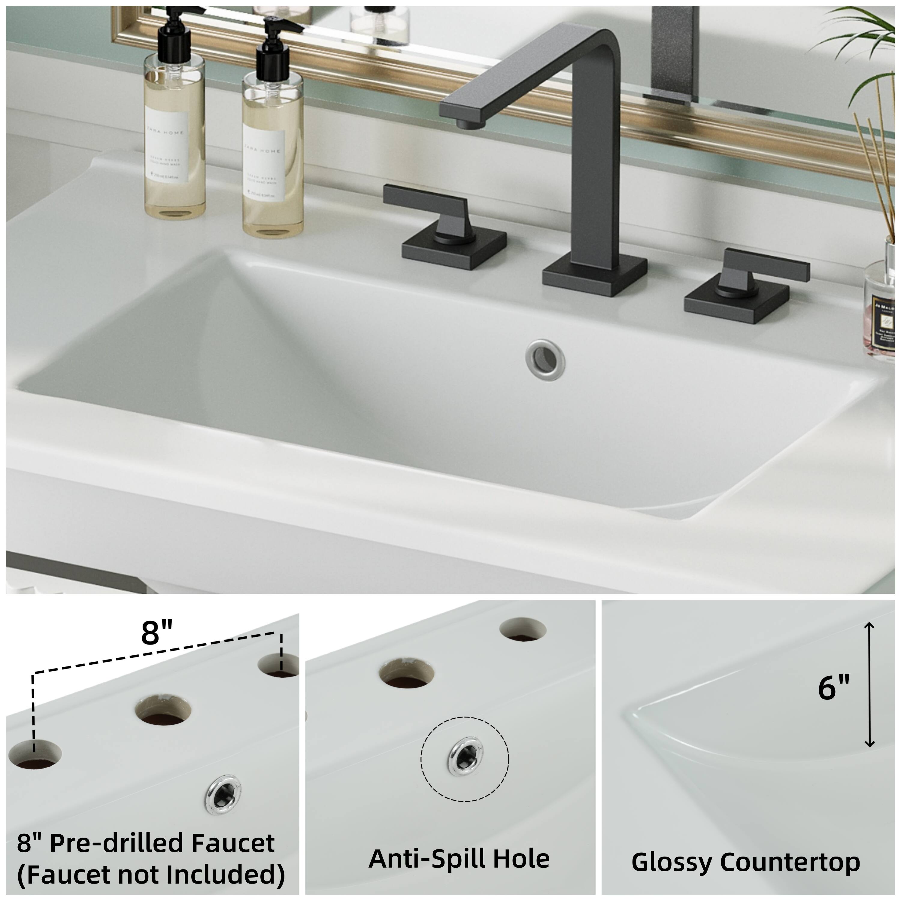 8" Pre-drilled Faucet (Faucet not Included)  
Anti-Spill Hole  
Glossy Countertop