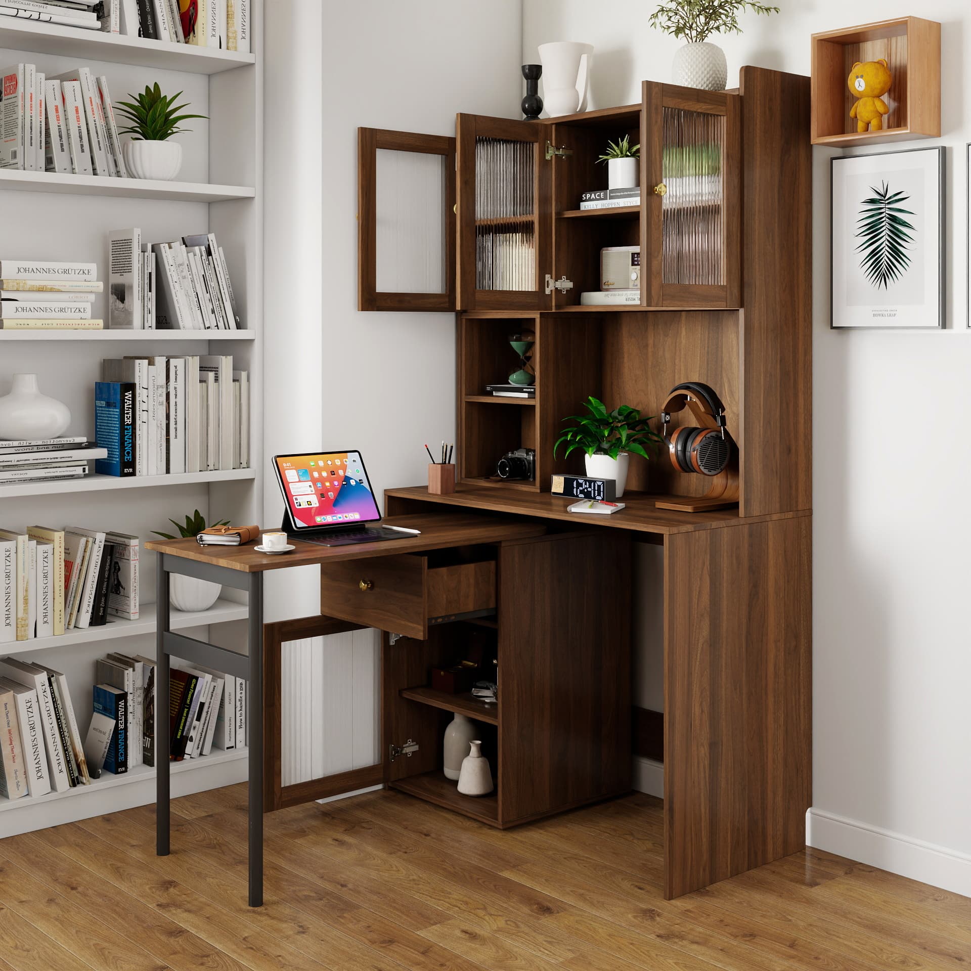Tiramisubest - Computer Desk with glass door for Home Office, Bookshelf & Hutch, Computer Desk with 90 Degree Rotating Desktop - Walnut