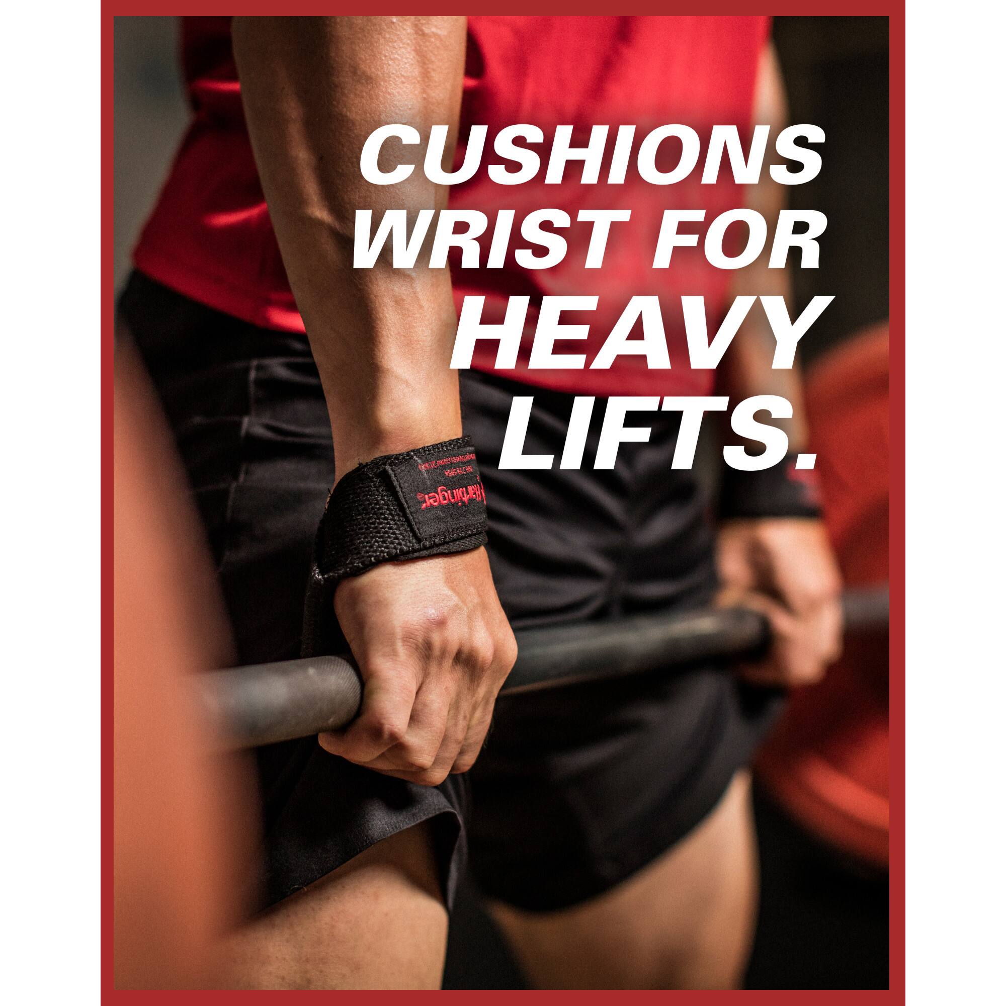 Cushions wrist for heavy lifts.