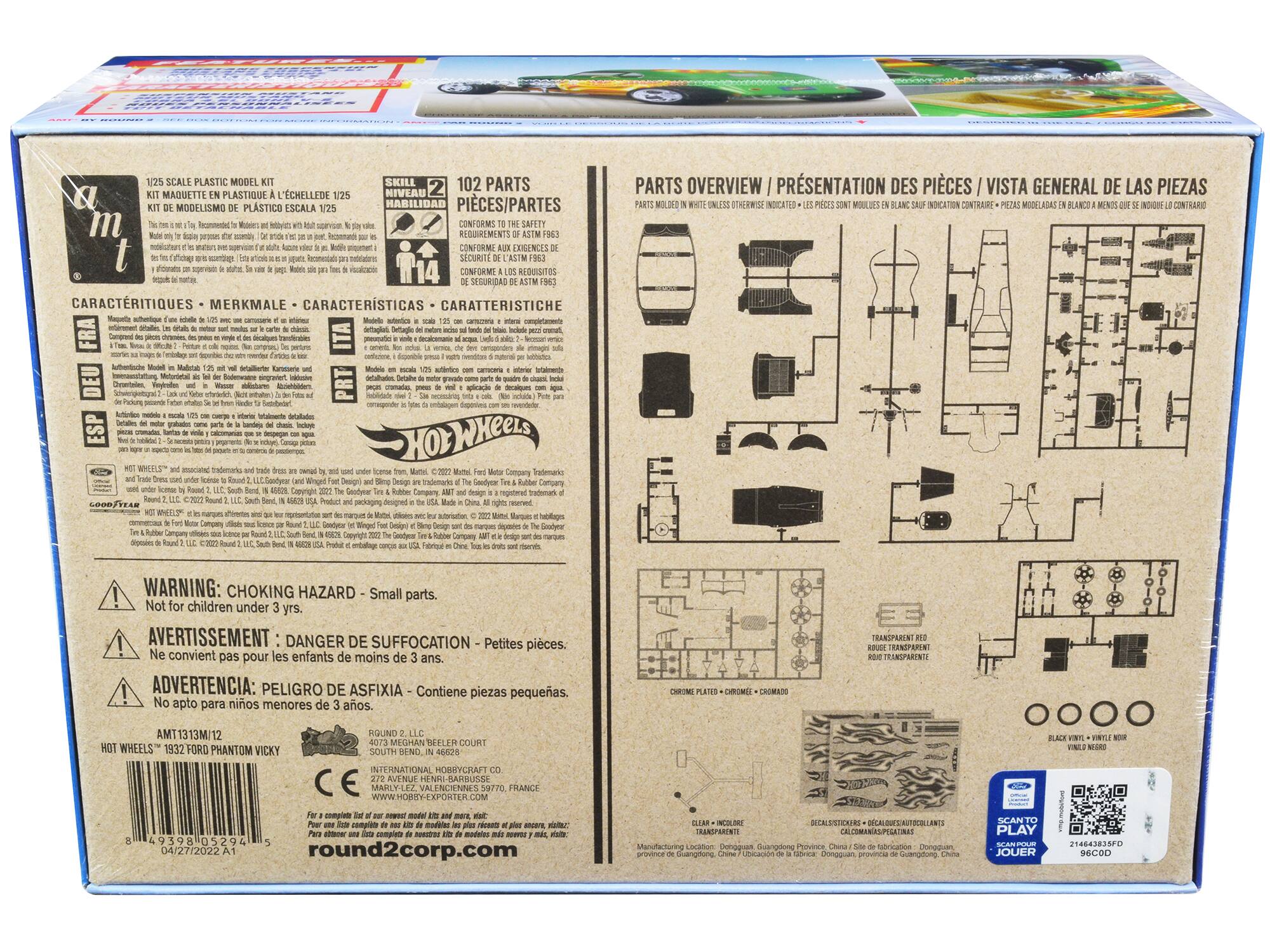 Sure, here is the corrected and grouped text from the image:

---

**1/25 SCALE PLASTIC MODEL KIT**

**KIT MAGNETTE EN PLASTIQUE À L'ÉCHELLE 1/25**

**KIT DE MODELISMO DE PLÁSTICO ESCALA 1/25**

**KIT MODELISMO PLÁSTICO HABILIDAD ESCALA 1/25**

**102 PARTS**

**PIÈCES/PARTES**

**CONFORME AUX EXIGENCES DE SÉCURITÉ DE ASTM F963**

**CONFORME A LAS REQUISITOS DE SEGURIDAD DE ASTM F963**

**CONFORME A LOS REQUISITOS DE SEGURIDAD DE ASTM F963**

**CARACTÉRISTIQUES - MERKMALE - CARACTERÍSTICAS**

**CARACTERÍSTICHE**

**1/25 scale model kit. Recommended for ages 10 and up.**

**1/25 échelle. Recomendado para niños de 10 años en adelante.**

**1/25 scale model kit. Recommended for ages 