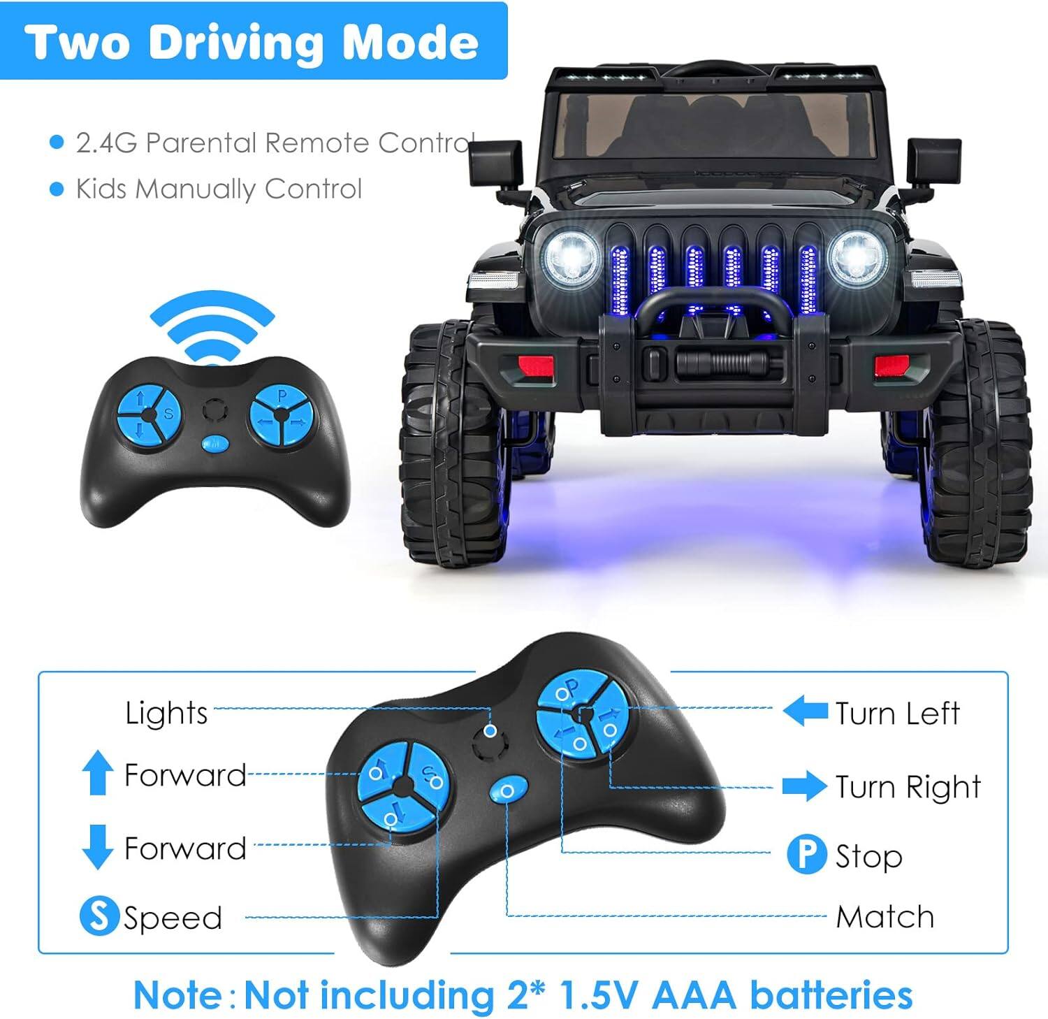 Two Driving Mode

- 2.4G Parental Remote Control
- Kids Manually Control

Lights
Forward
Forward
S Speed

Turn Left
Turn Right
P Stop
Match

Note: Not including 2* 1.5V AAA batteries