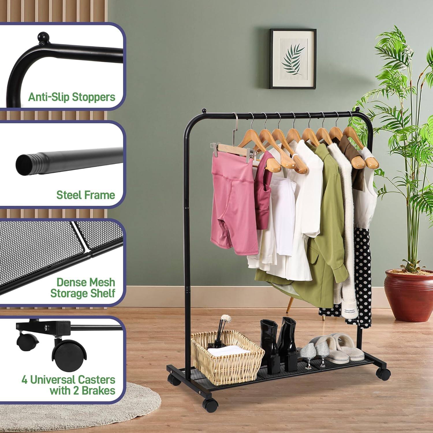 Anti-Slip Stoppers, Steel Frame, Dense Mesh Storage Shelf, 4 Universal Casters with 2 Brakes