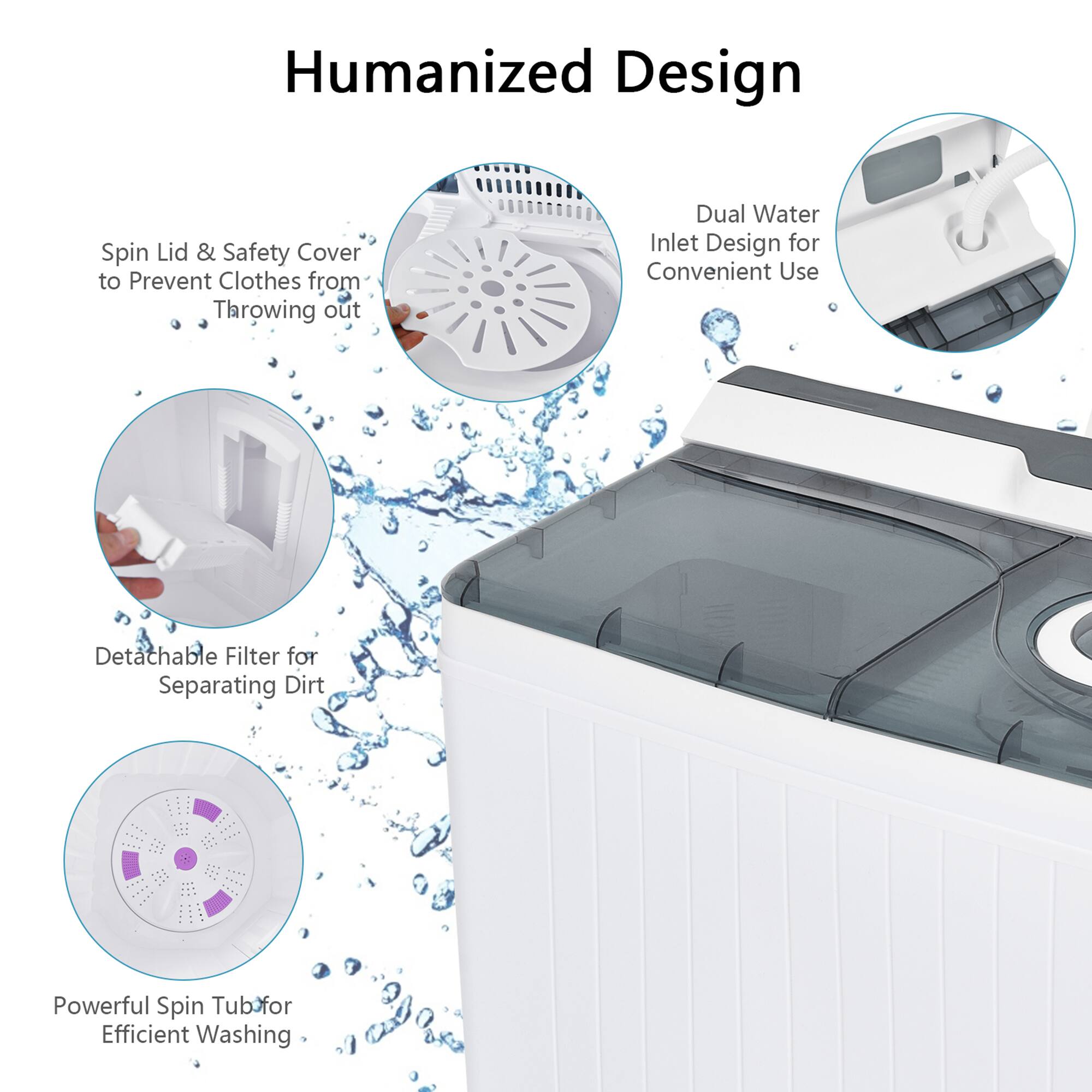 Humanized Design

- Spin Lid & Safety Cover to Prevent Clothes from Throwing out
- Dual Water Inlet Design for Convenient Use
- Detachable Filter for Separating Dirt
- Powerful Spin Tub for Efficient Washing