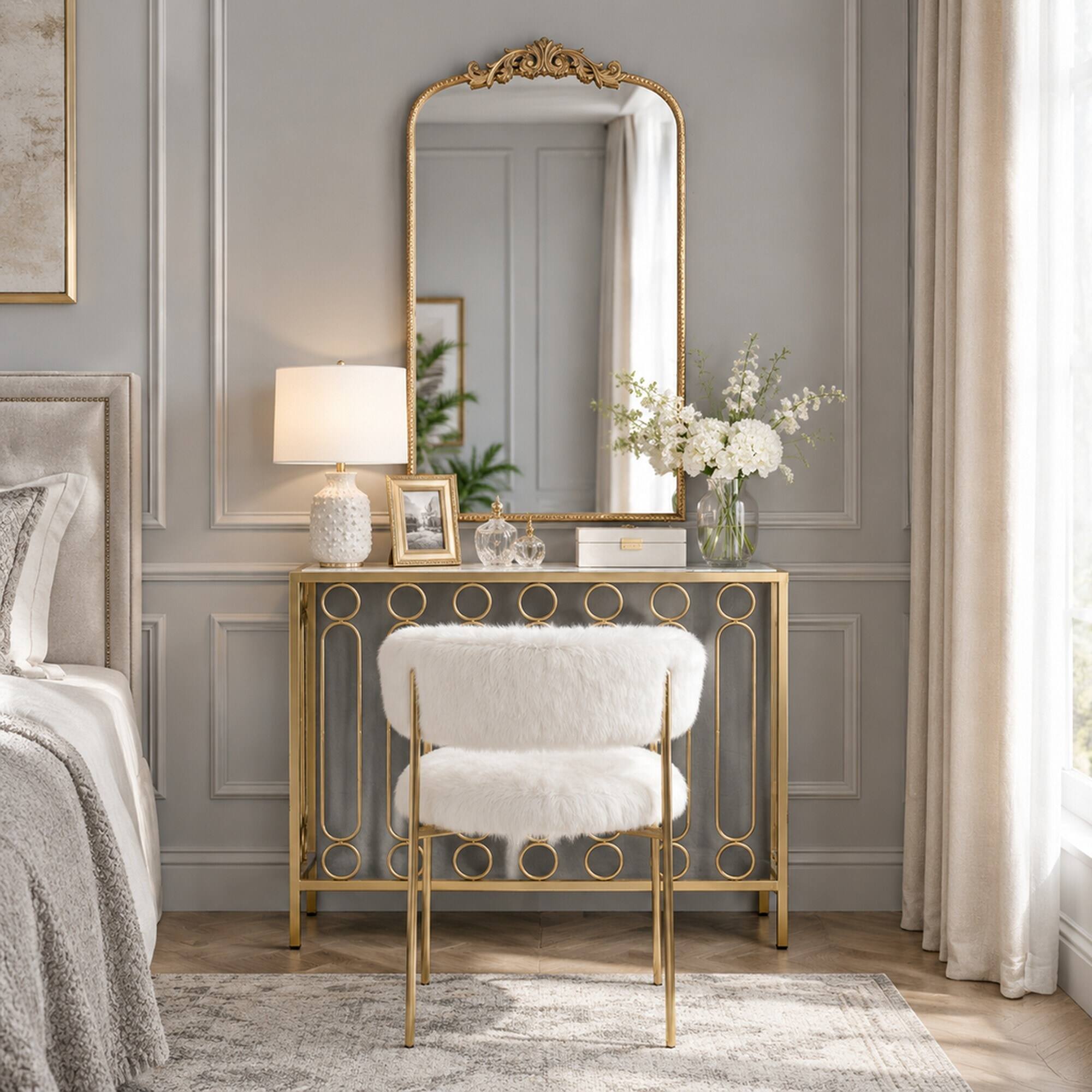Alt View 2. RYHNUYNE - 24 x 42 Inch Gold Arch Wall Mirror, Baroque Floral Metal Frame, Vertical Hanging, Bathroom Bedroom Living Room Decor - Gold.